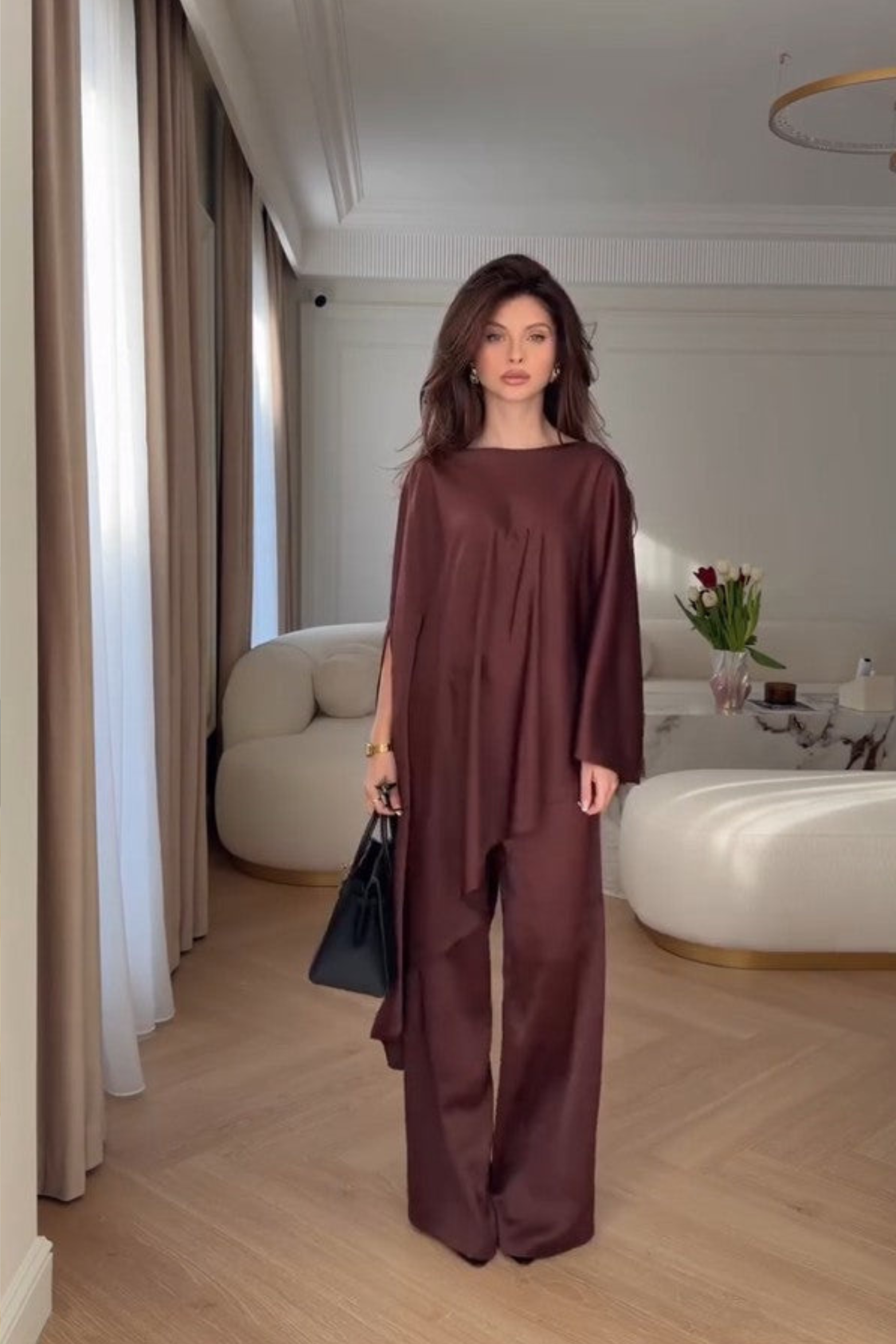 Draped Cape Sleeve Wide Leg Pants Matching Set