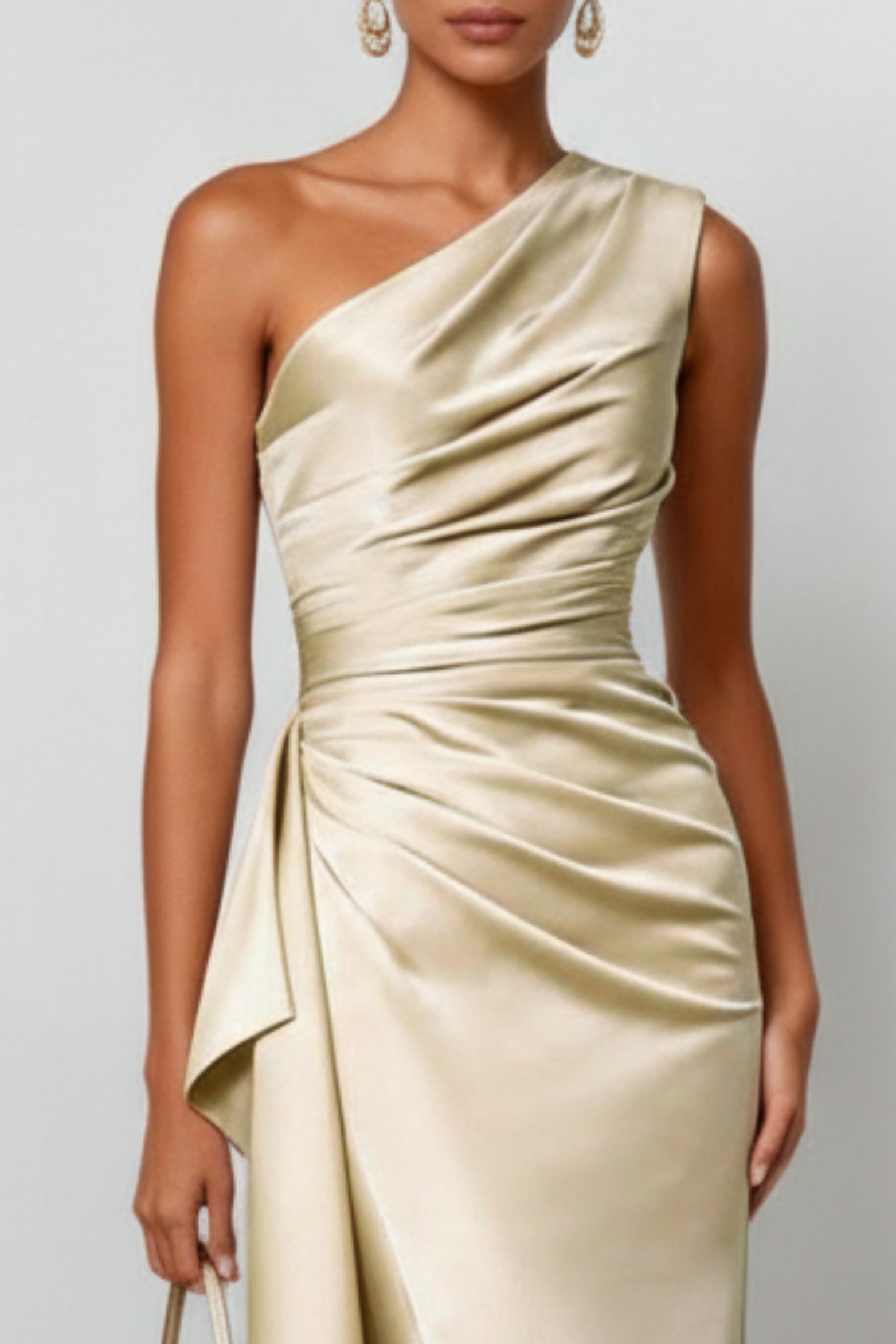 One Shoulder Ruched Satin Maxi Dress with Ruffle Detail