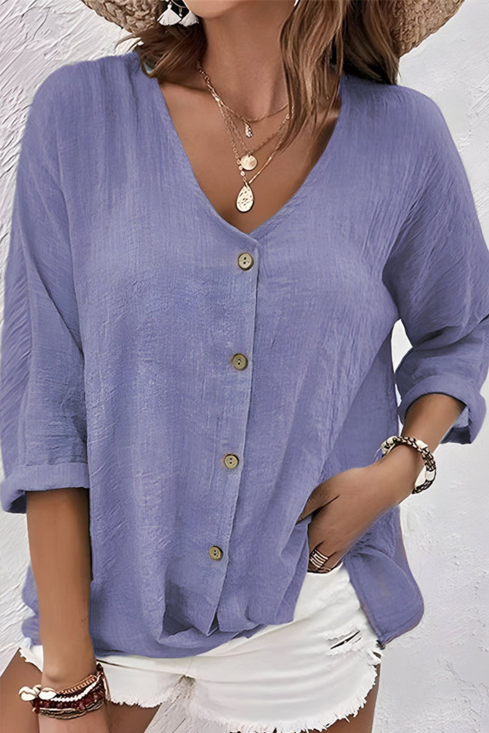V Neck Button Up Blouse