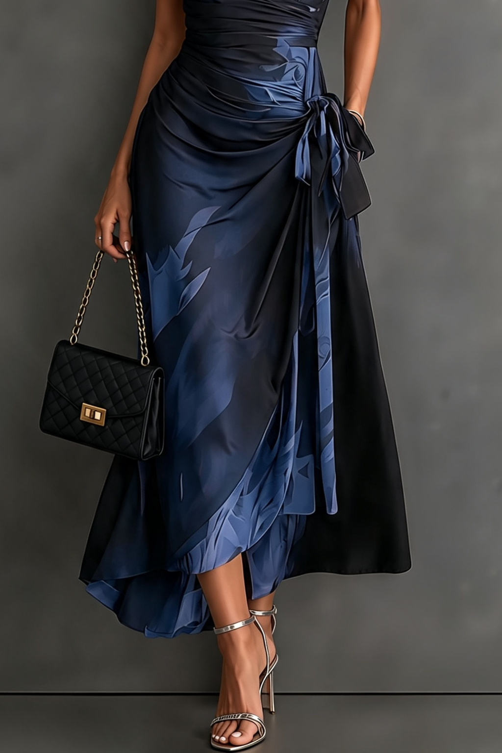 Abstract Print Wrap High Low Midi Dress