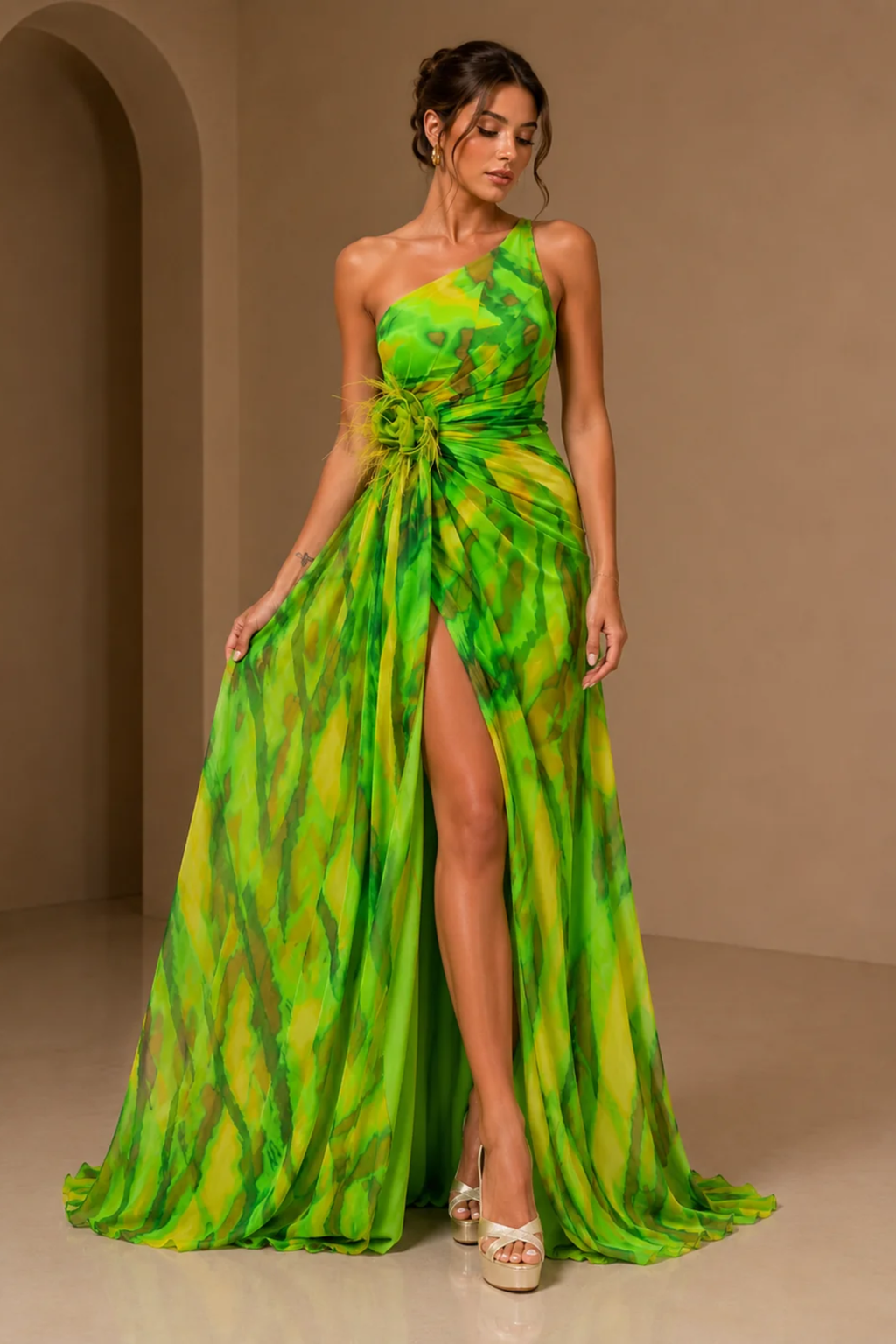 Abstract Print One Shoulder Maxi Dress