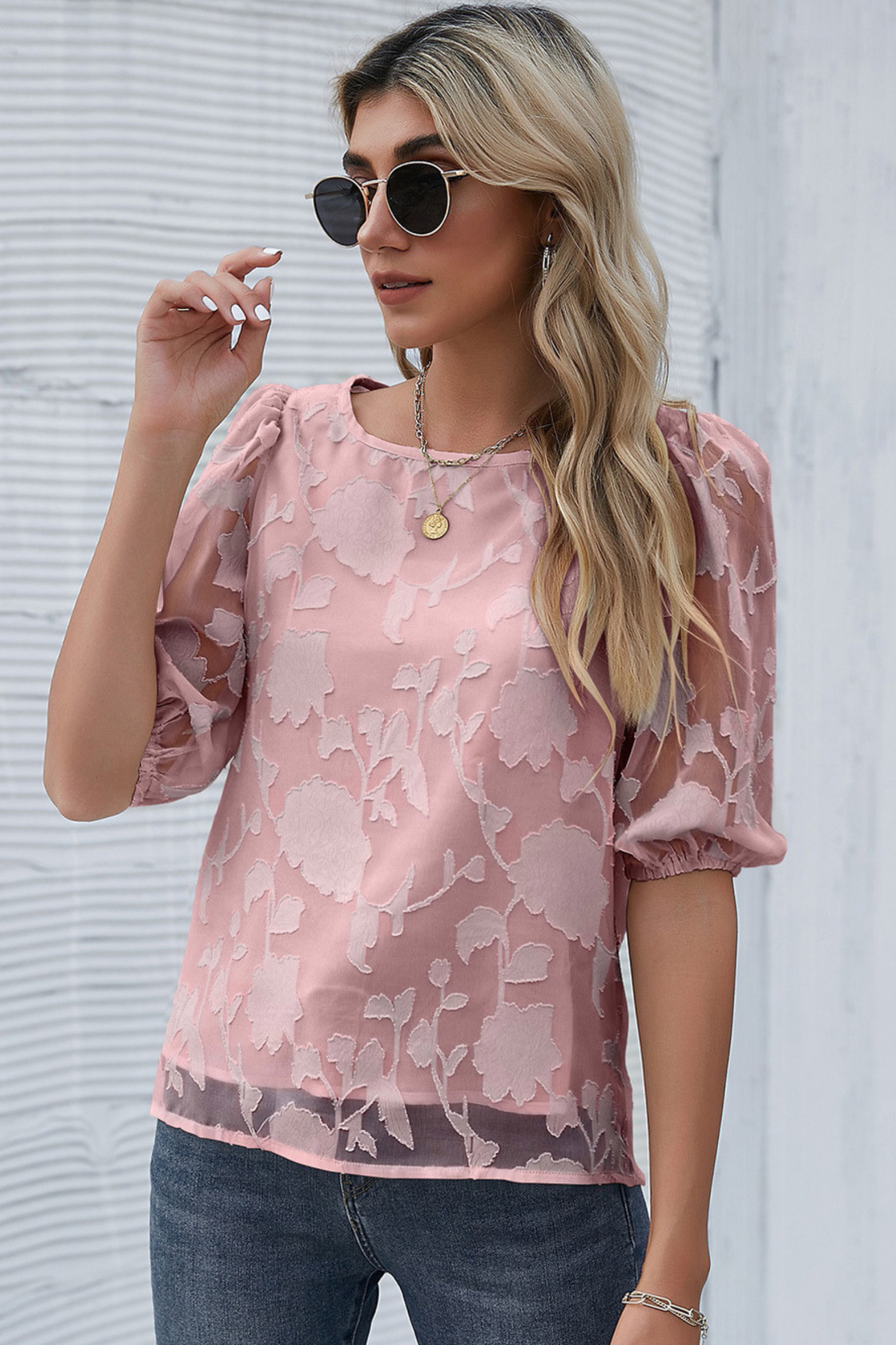 Floral Puff Sleeve Crew Neck Blouse