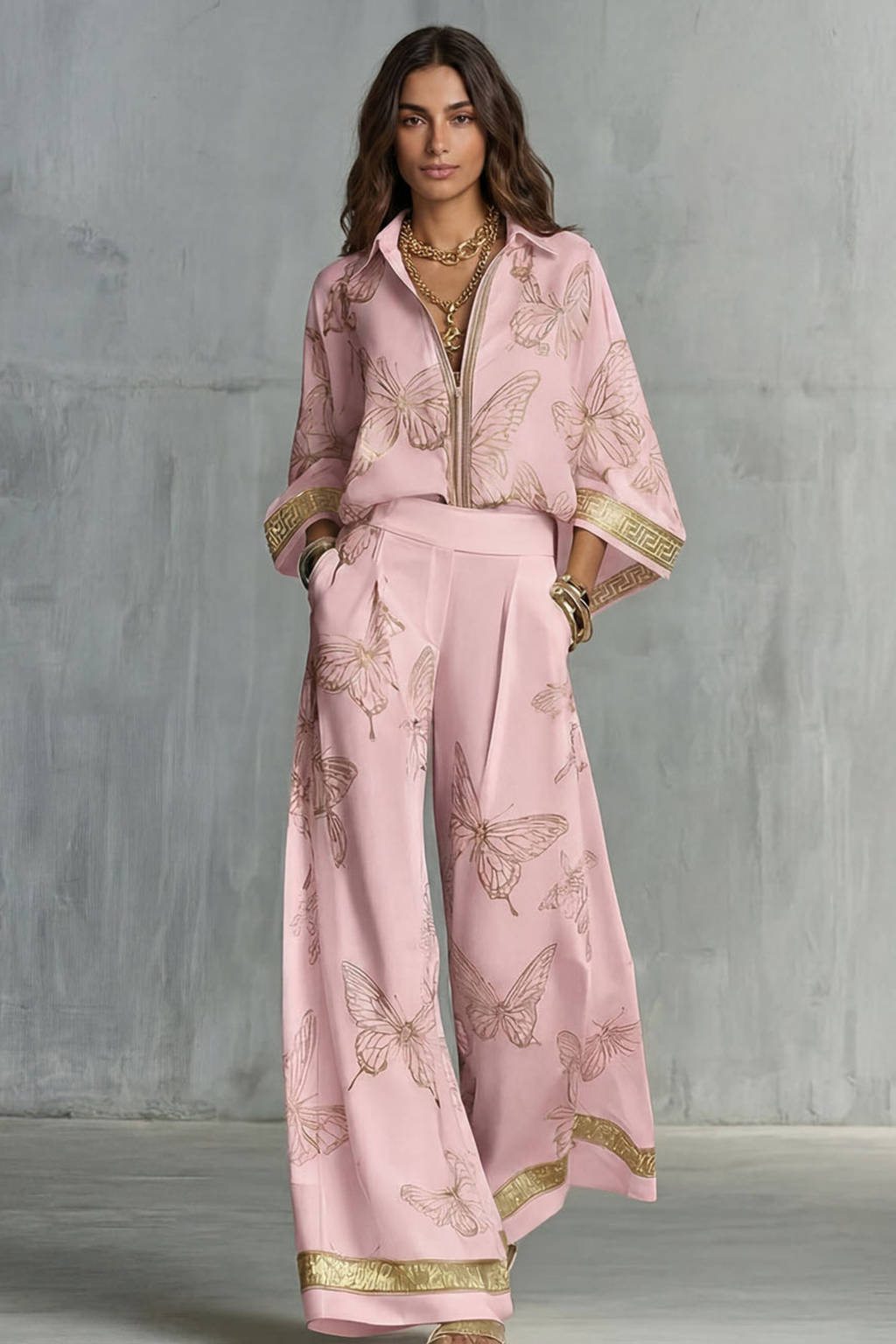 Butterfly Print Zip Front Two Piece Set