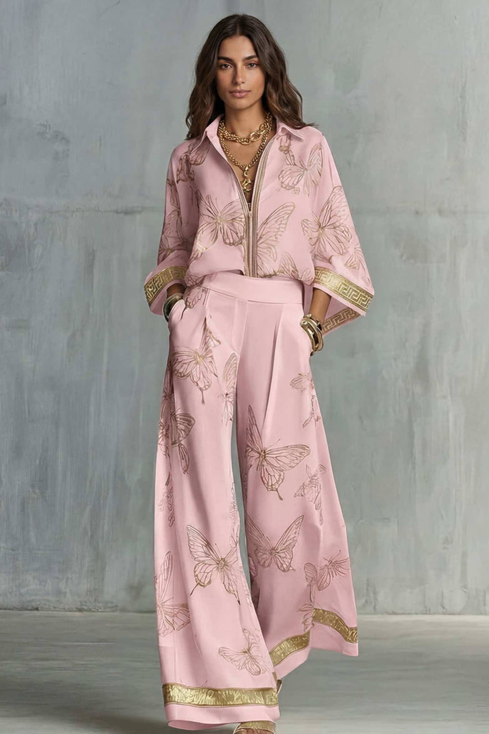 Butterfly Print Zip Front Two Piece Set