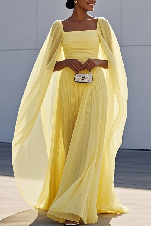 Pleated Chiffon A Line Maxi Dress with Square Neck