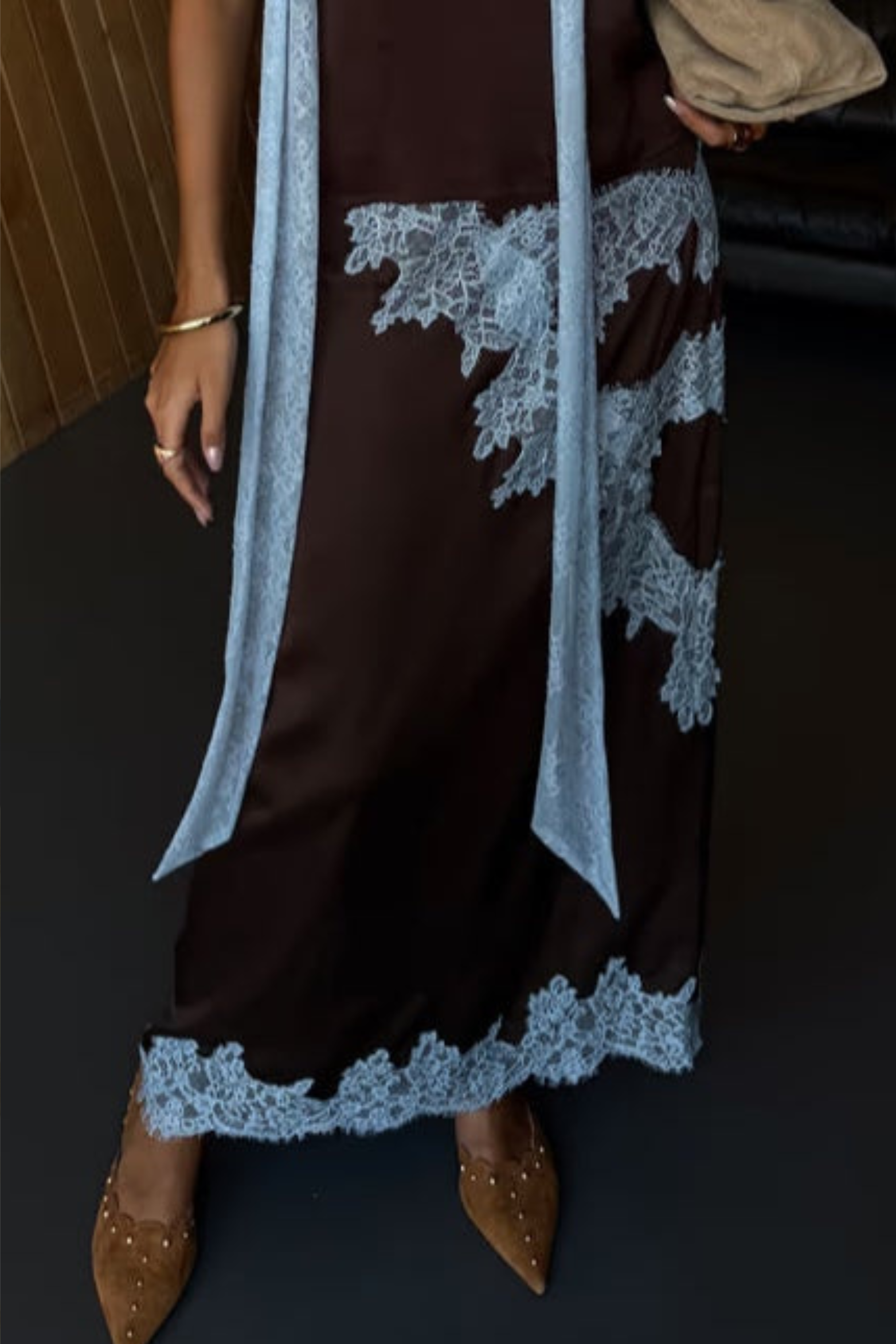 Brown and Blue Lace Panel Top & Skirt Suit Set Co Ord Set