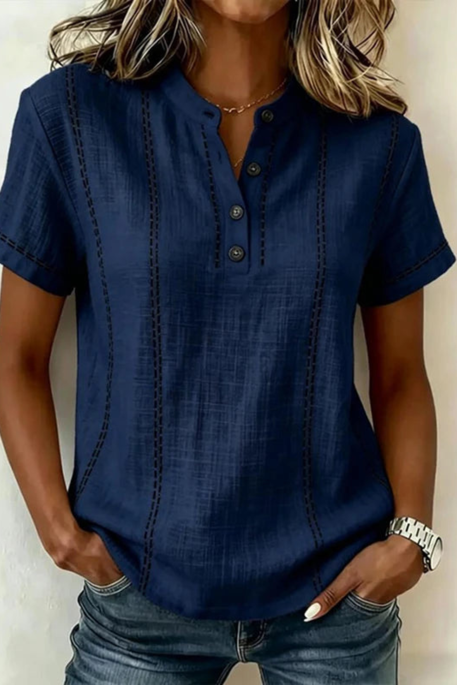 Textured V-Neck Button Blouse with Relaxed Short Sleeves