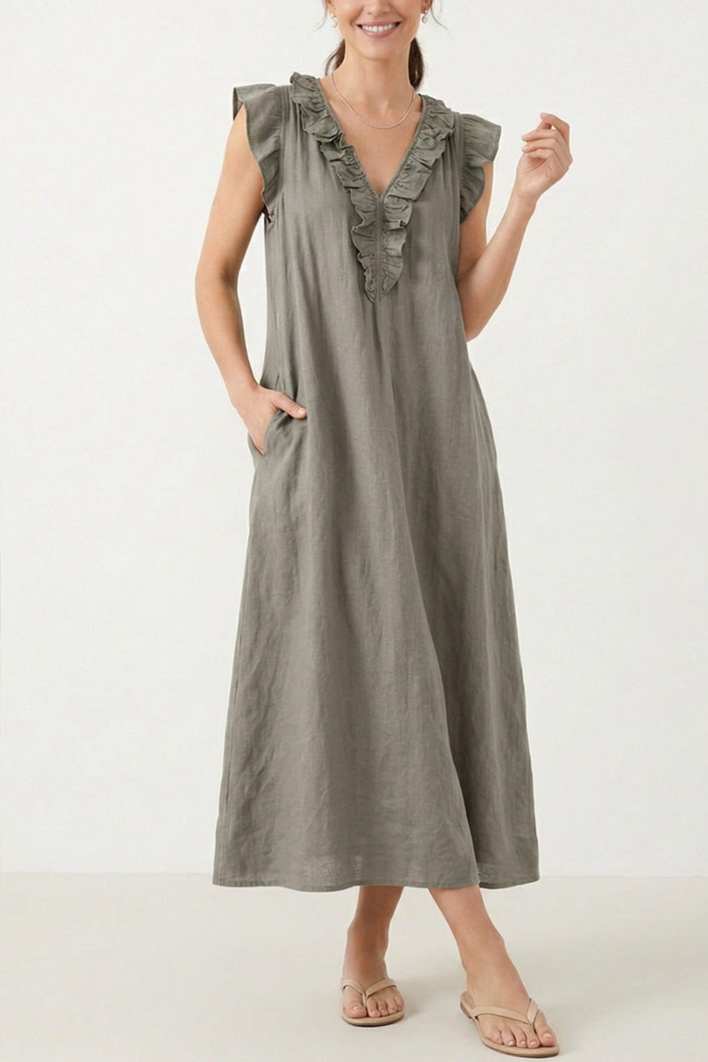 Ruffled Solid Color Cotton Linen Dress
