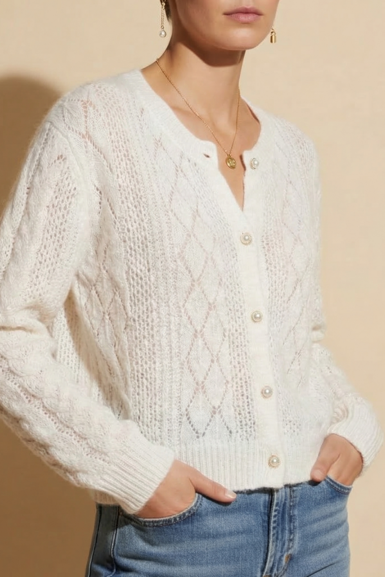 Women's Pearl Accent Open Knit Sweater