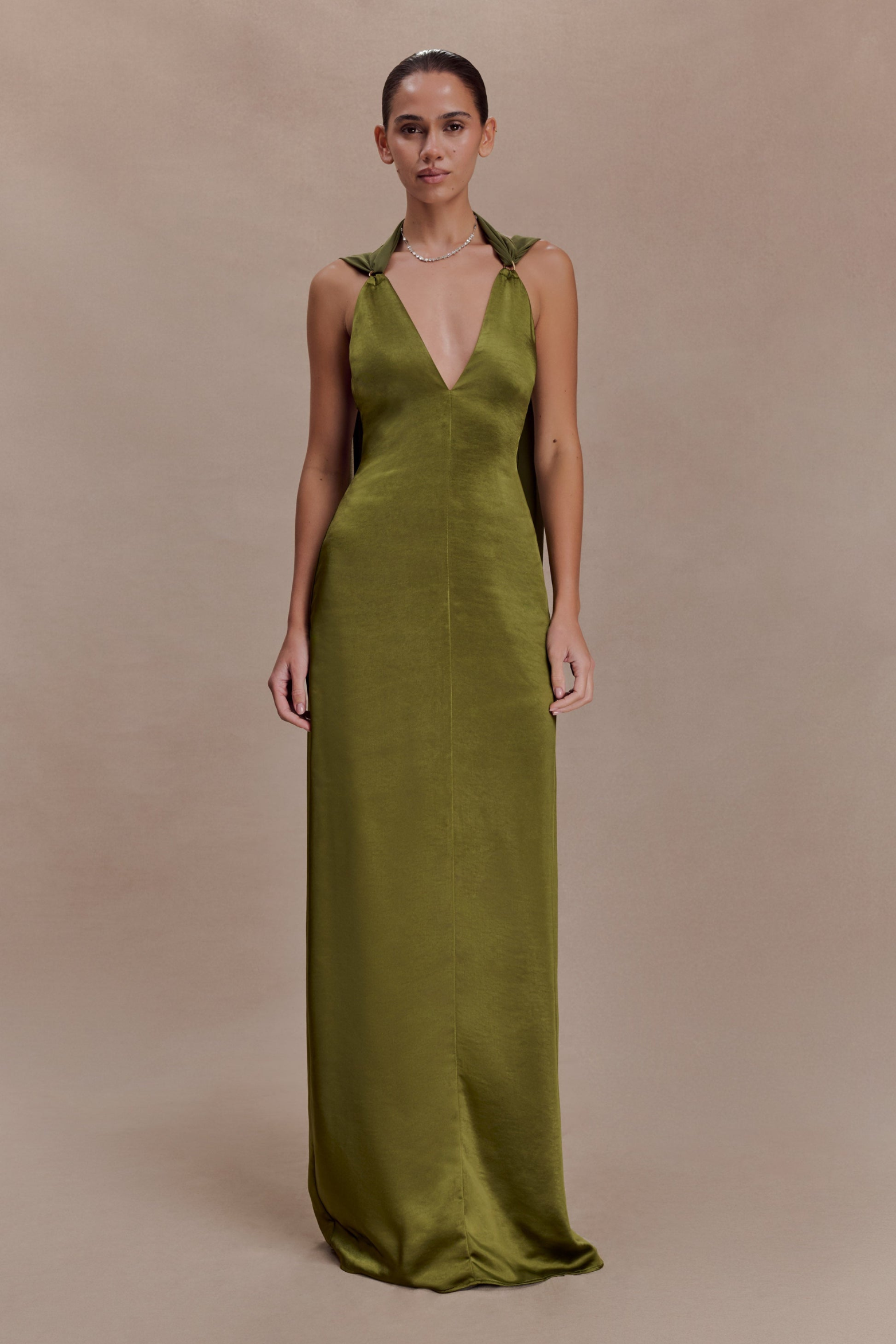 Draped Shoulders Satin Maxi Dress - Khaki
