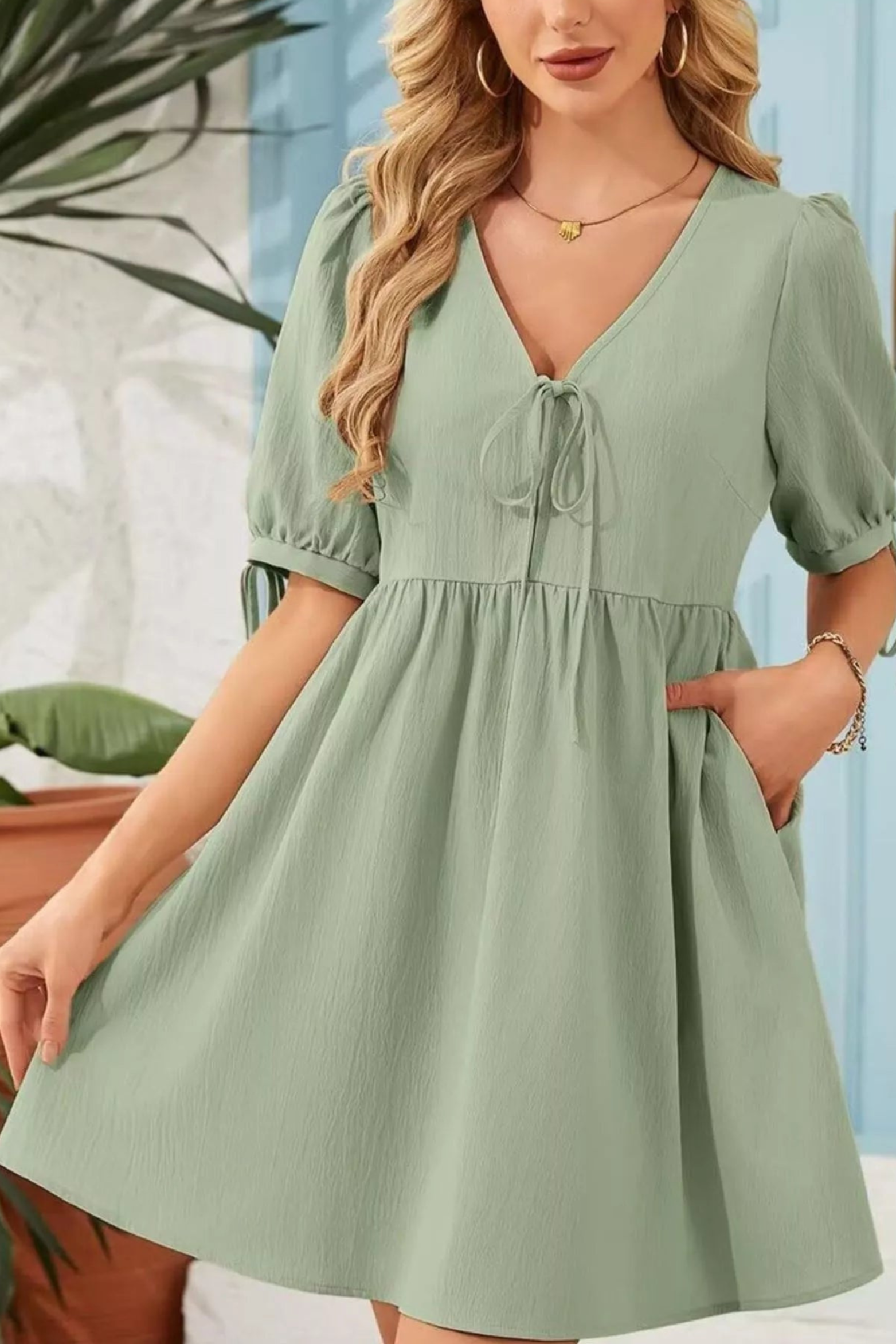 Romantic Tie Neck Puff Sleeve Mini Dress