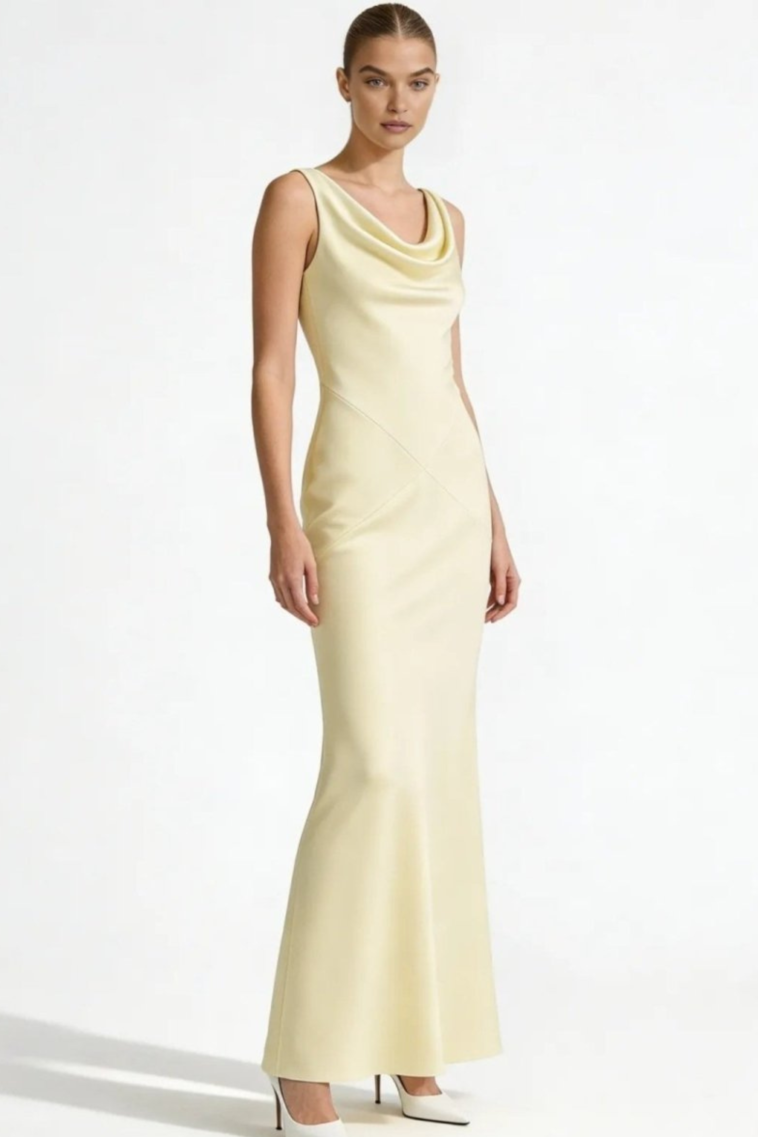 Cowl Neck Backless Satin Column Gown Dress
