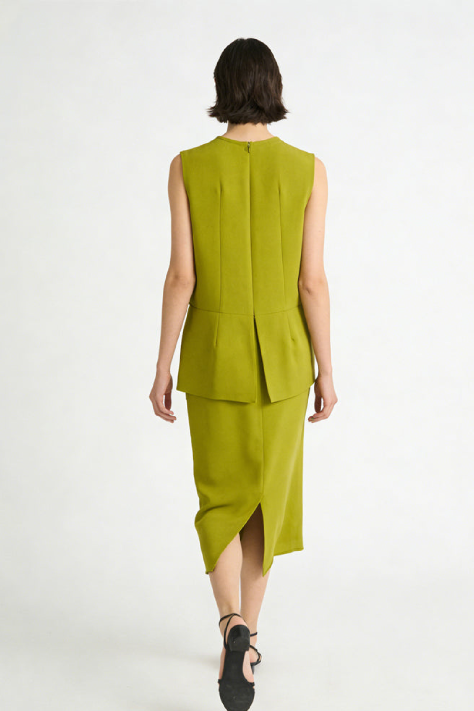 Olive Green Sleeveless Peplum Flare Midi Dr