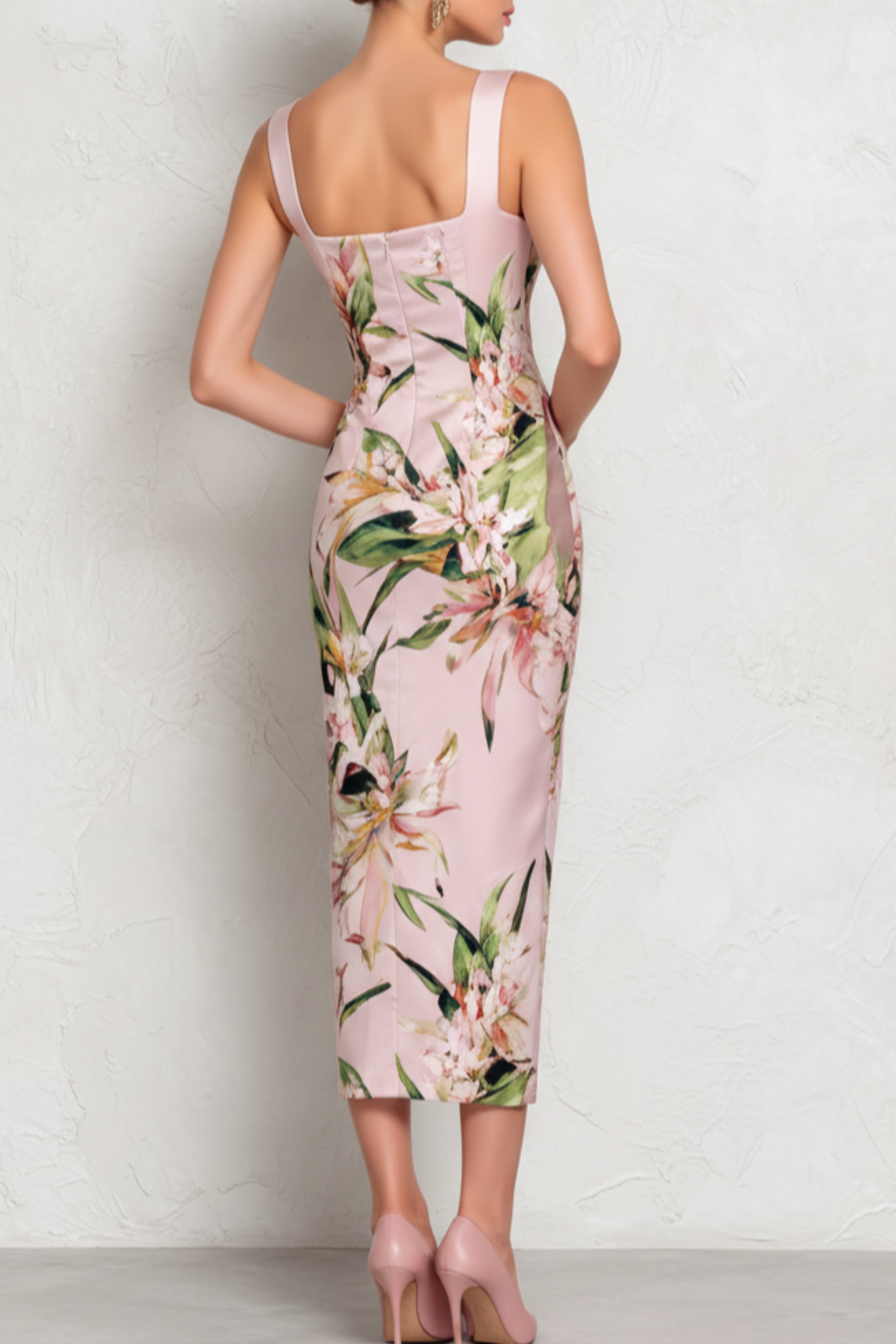 Square Neck Satin Sheath Midi Dress