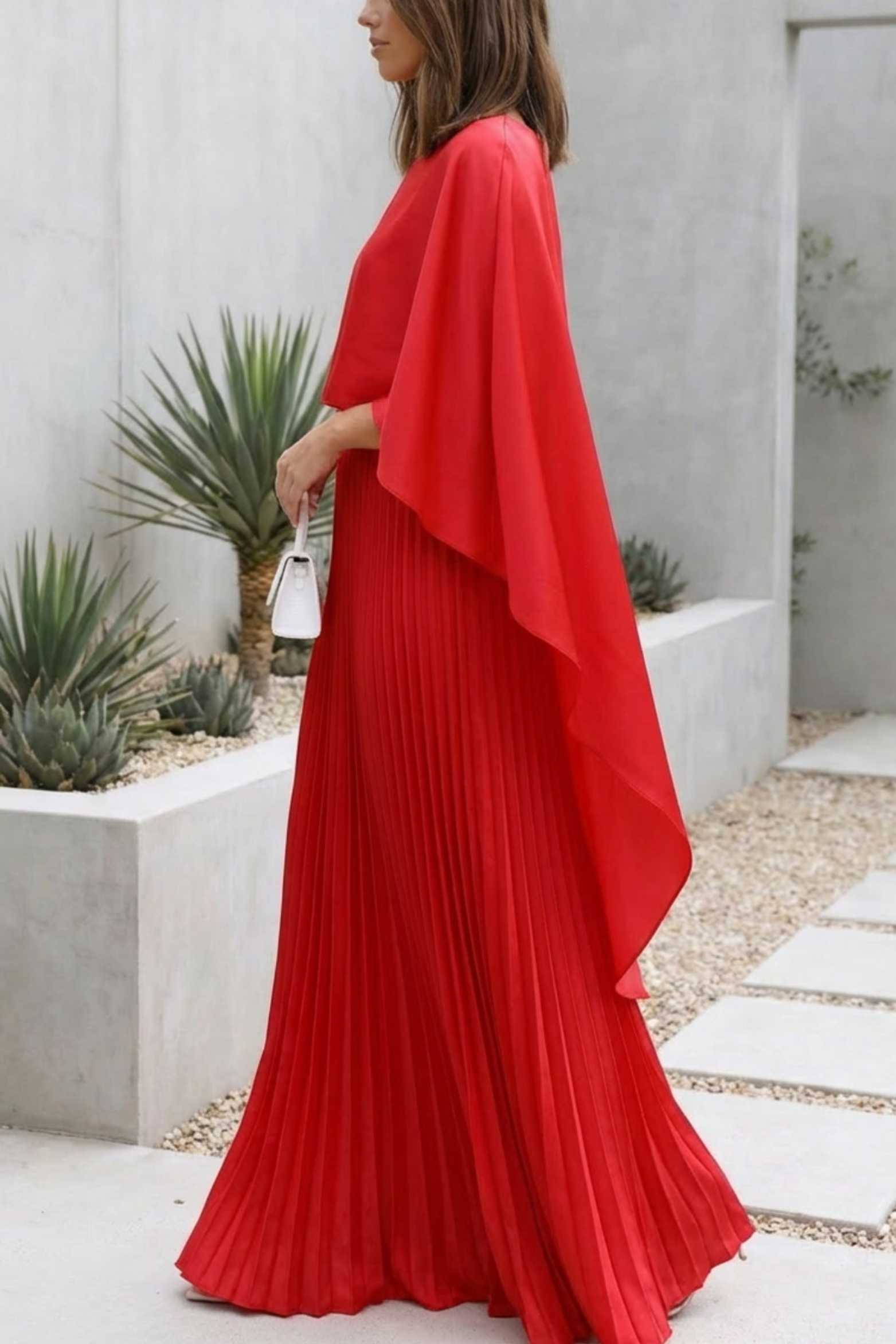 Cape Style Pleated Maxi Wedding Guest Dress