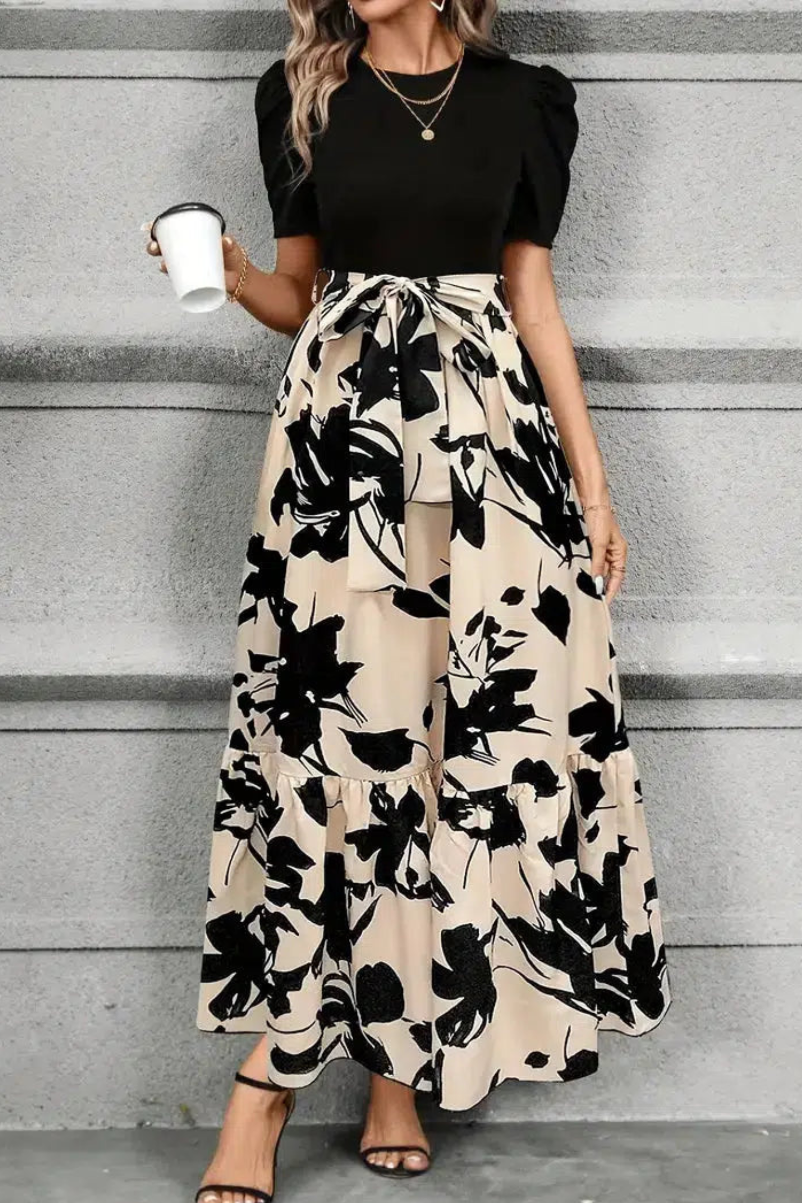 Tie Waist Floral Maxi Dress with Puff Sleeves