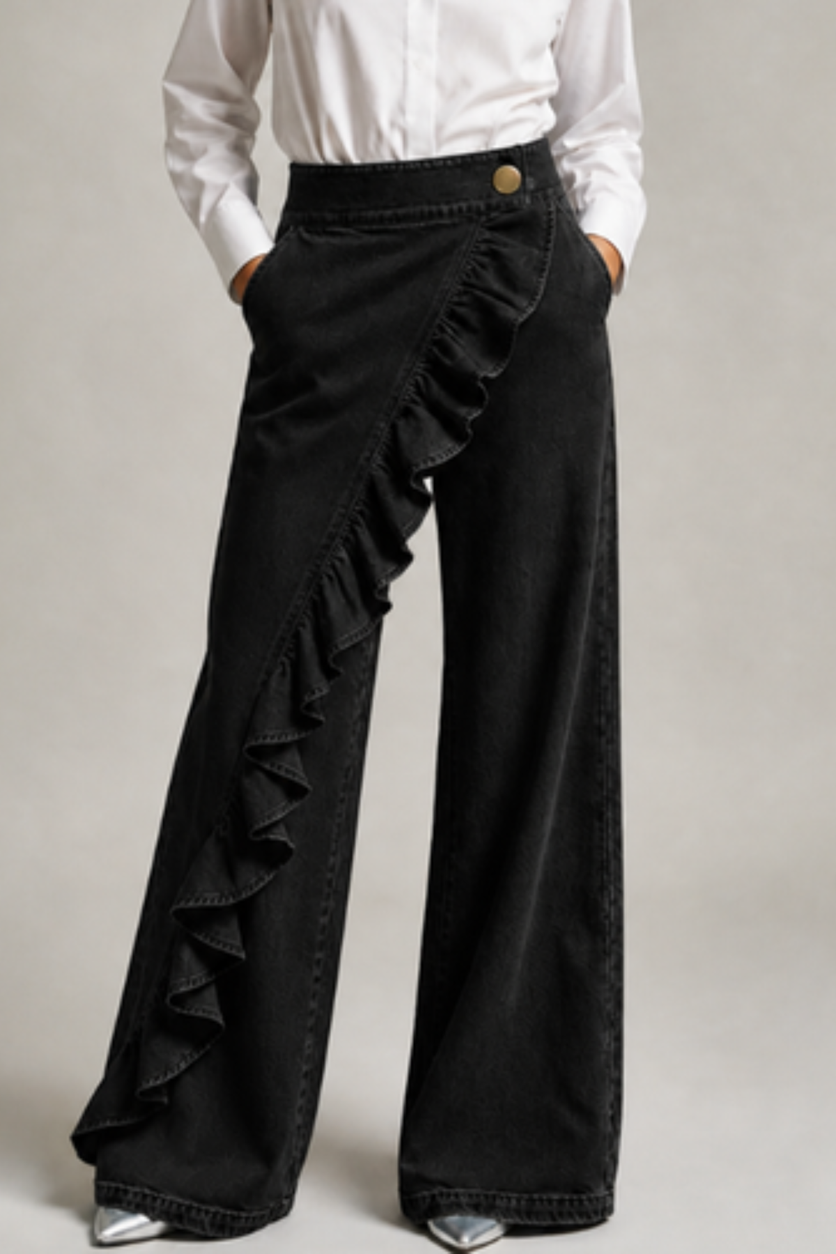 Asymmetrical Ruffle Mid Rise Wide Leg Jeans