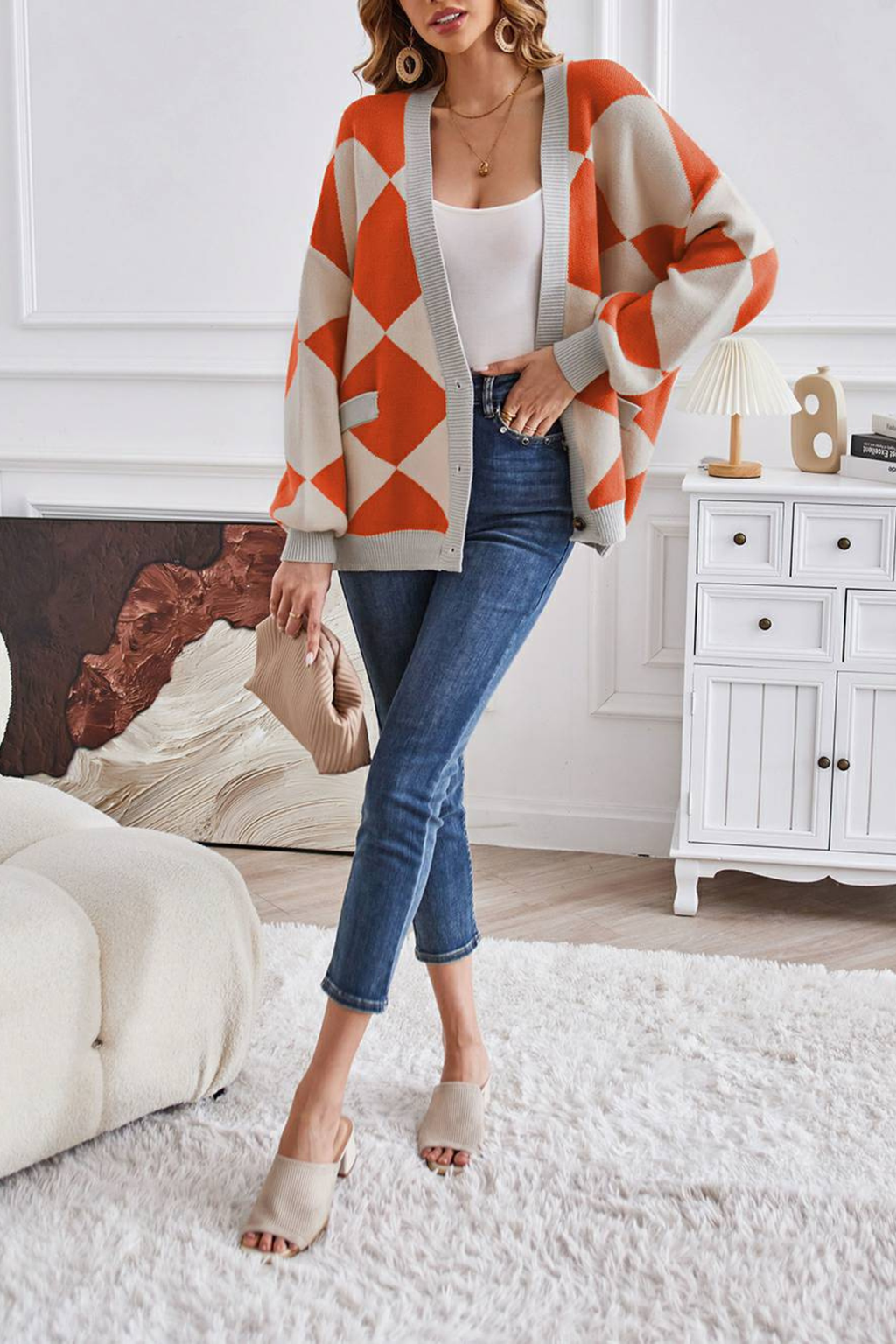 Women's Geometric Knit V Neck Cardigan