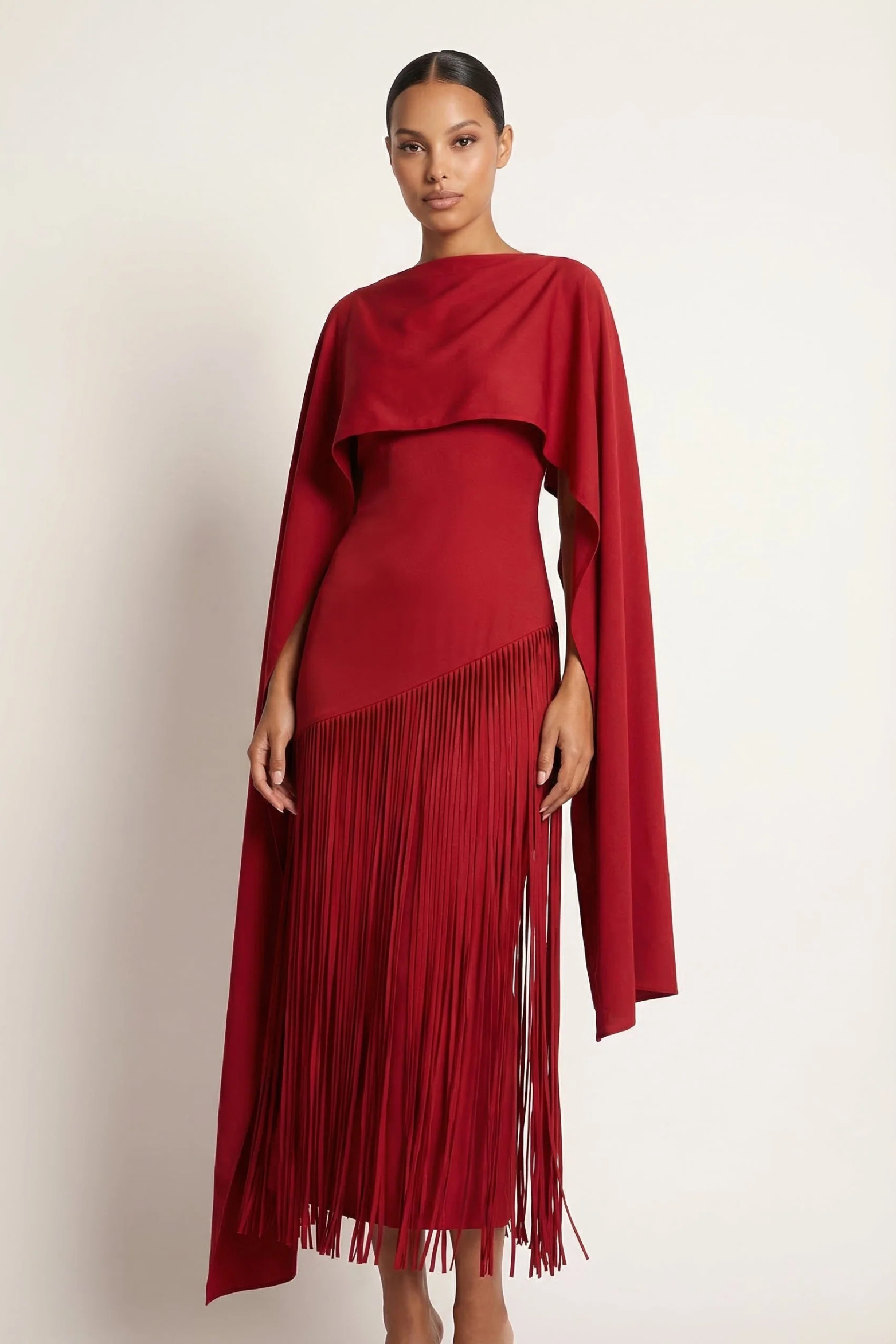 Cape Sleeve Fringe Maxi Dress