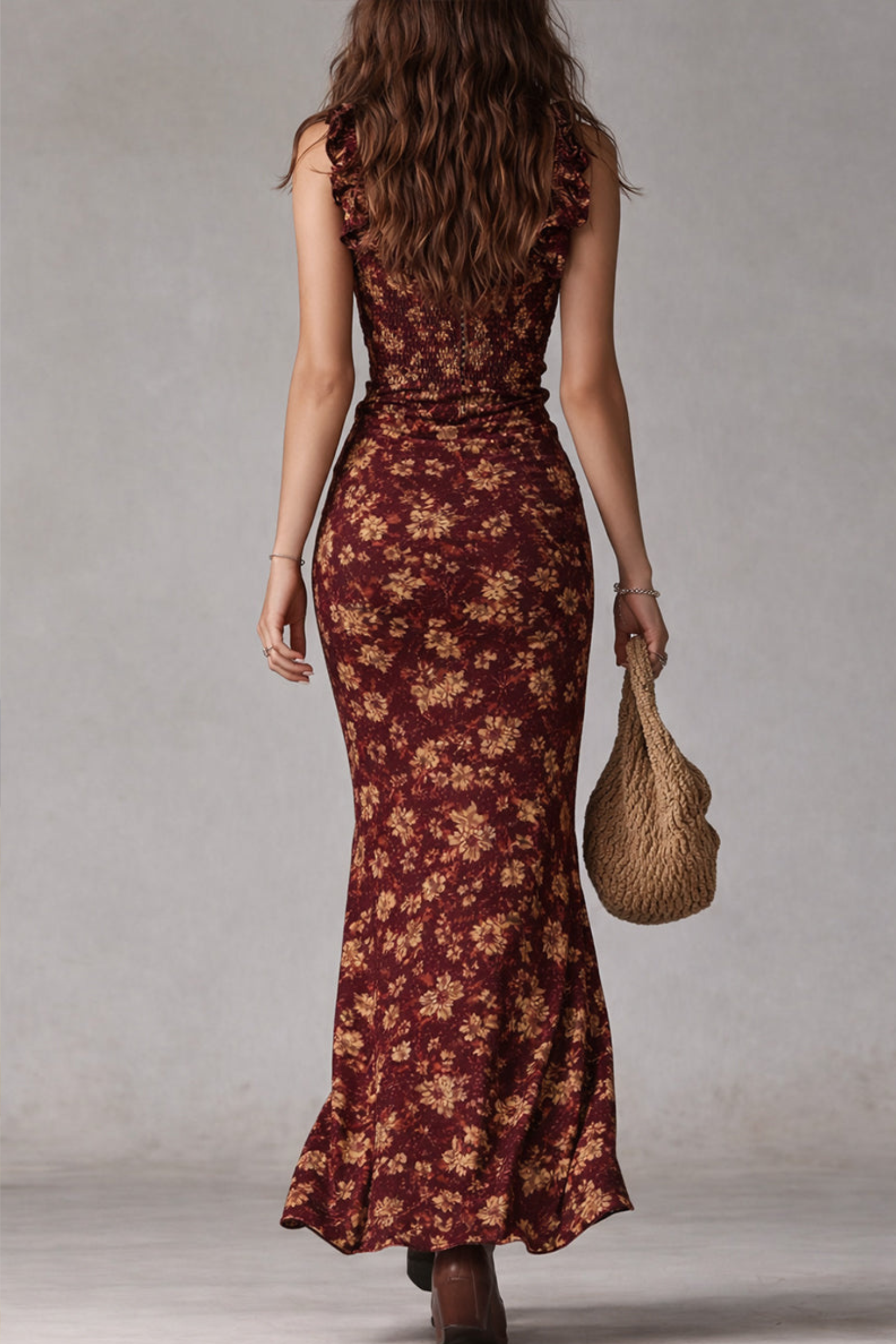 Ruffled Sleeve Slit Maxi Dress with Retro Flow
