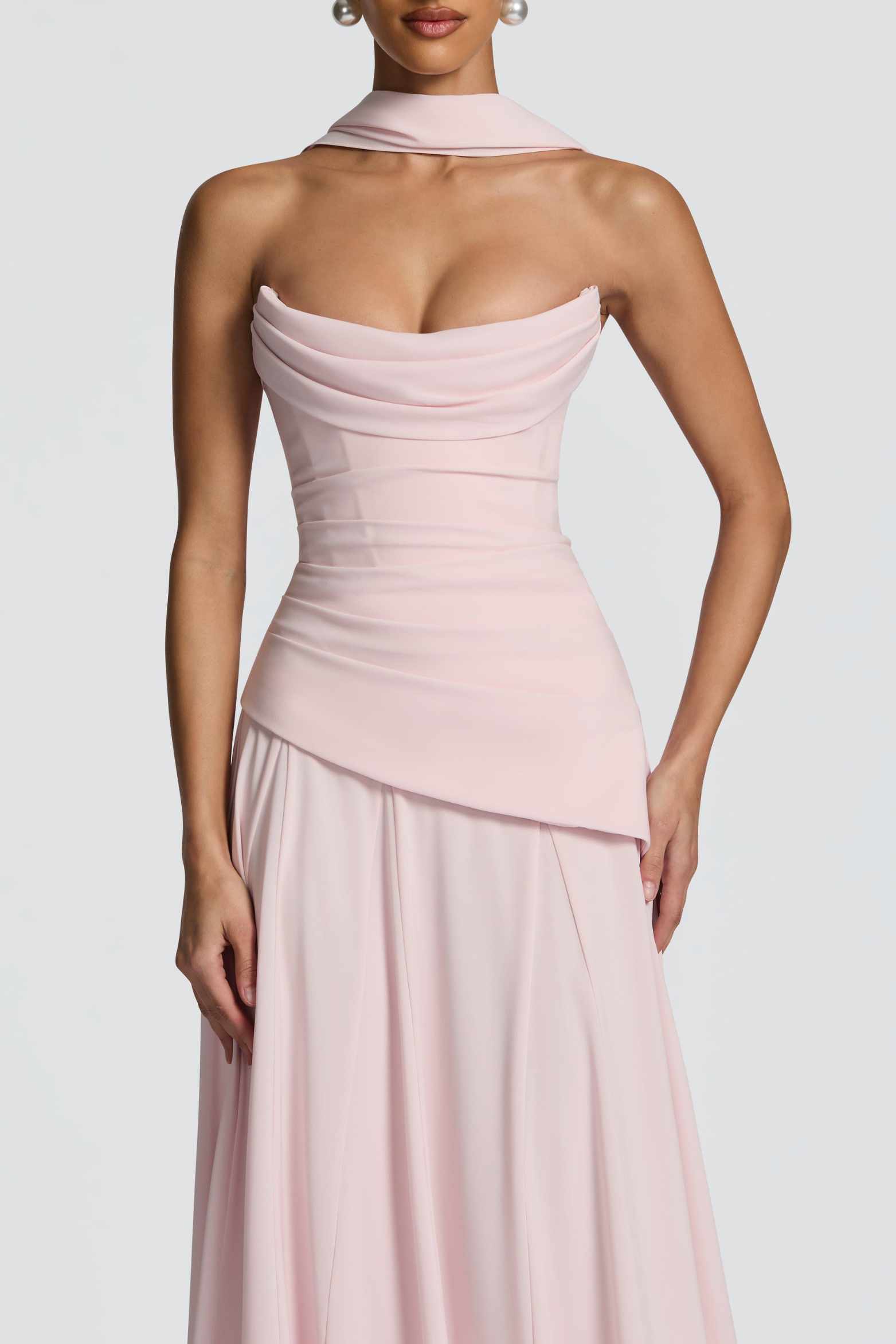 Ruched Off Shoulder Tie-Up Chiffon Maxi Dress