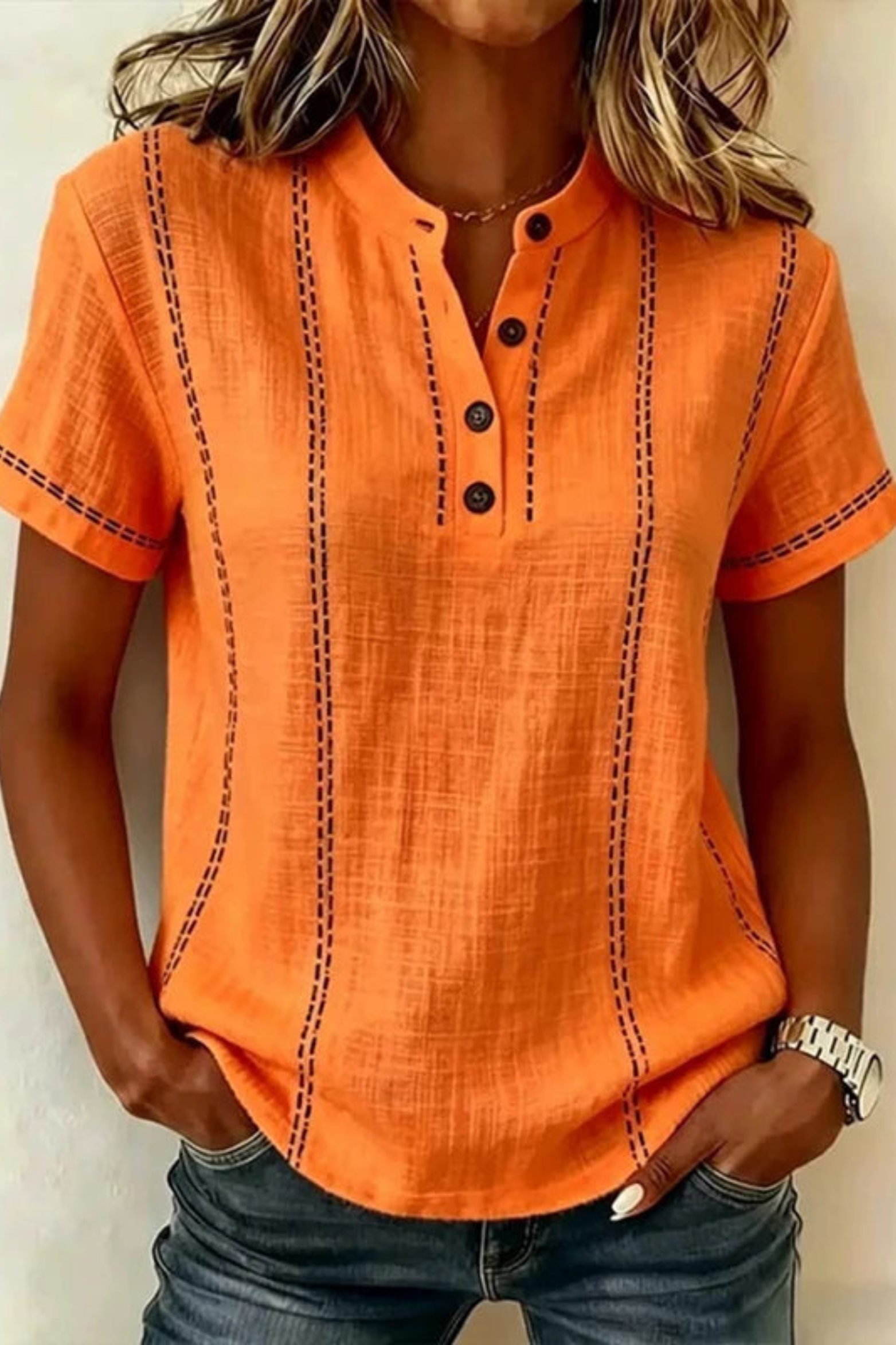Textured V-Neck Button Blouse with Relaxed Short Sleeves