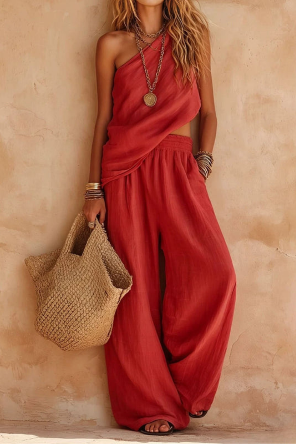 Sleeveless One Shoulder Trouser Set