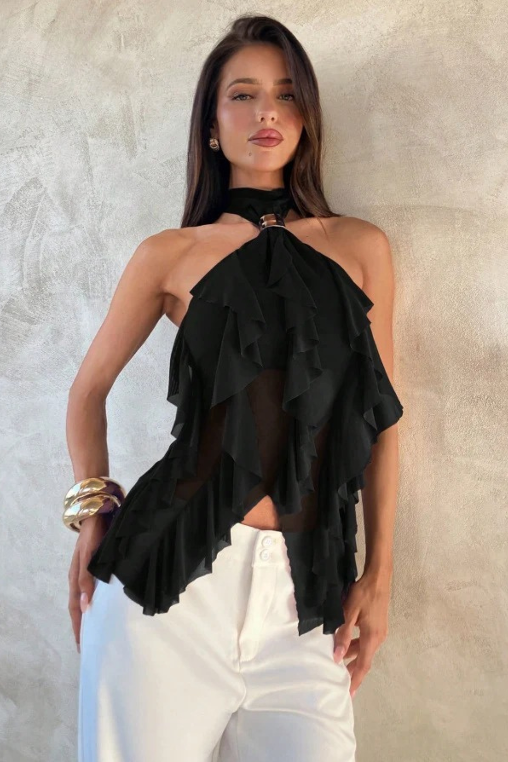 Layered Halter Party Top with Sheer Ruffle Detail