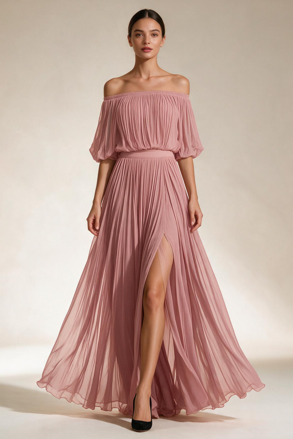 Pleated Chiffon Off Shoulder Maxi Dress
