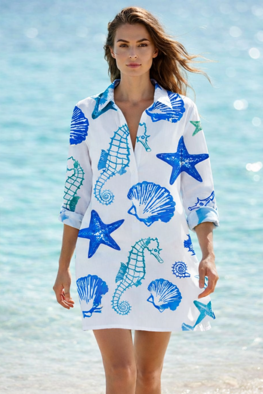 Tropical Print Shirt Dress Beach Cover Up