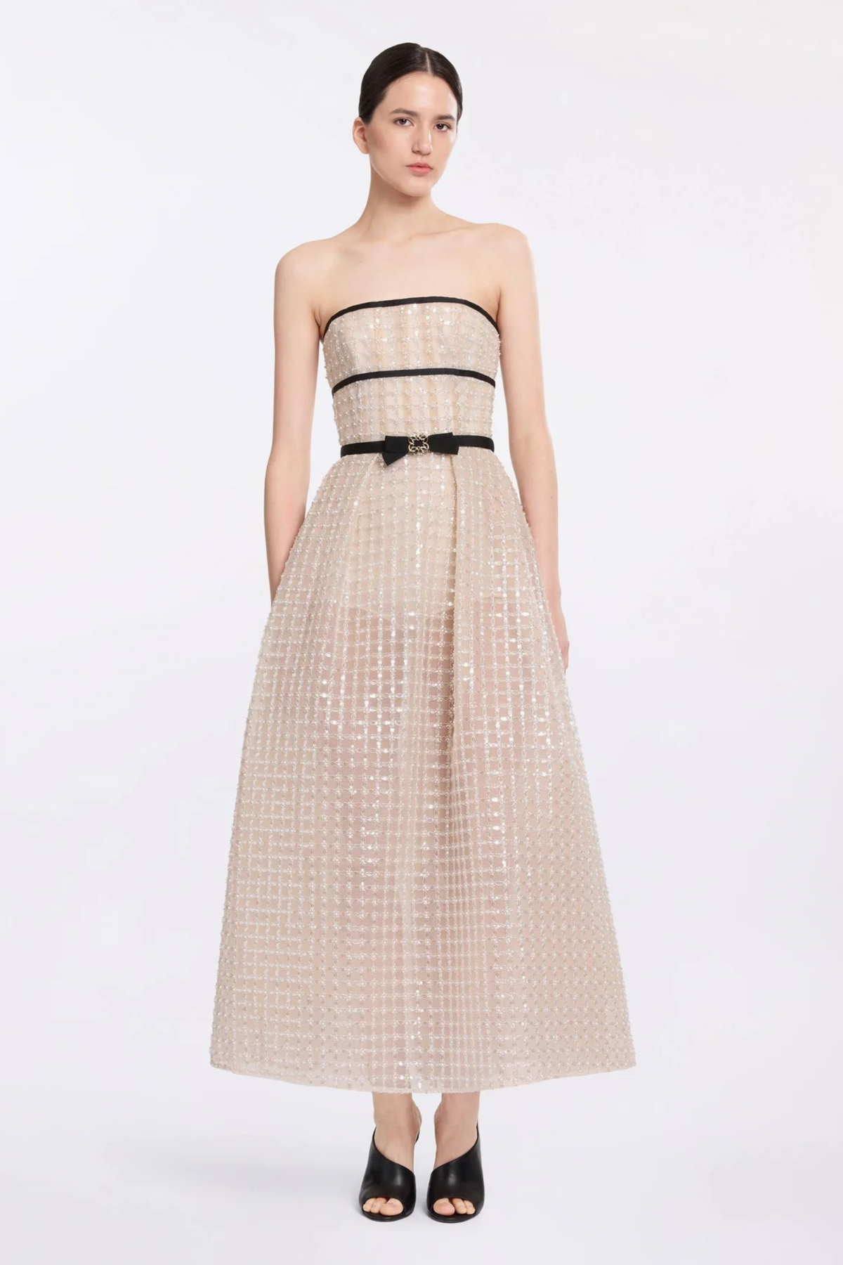 Plaid Sequin Bow A Line Midi Dress