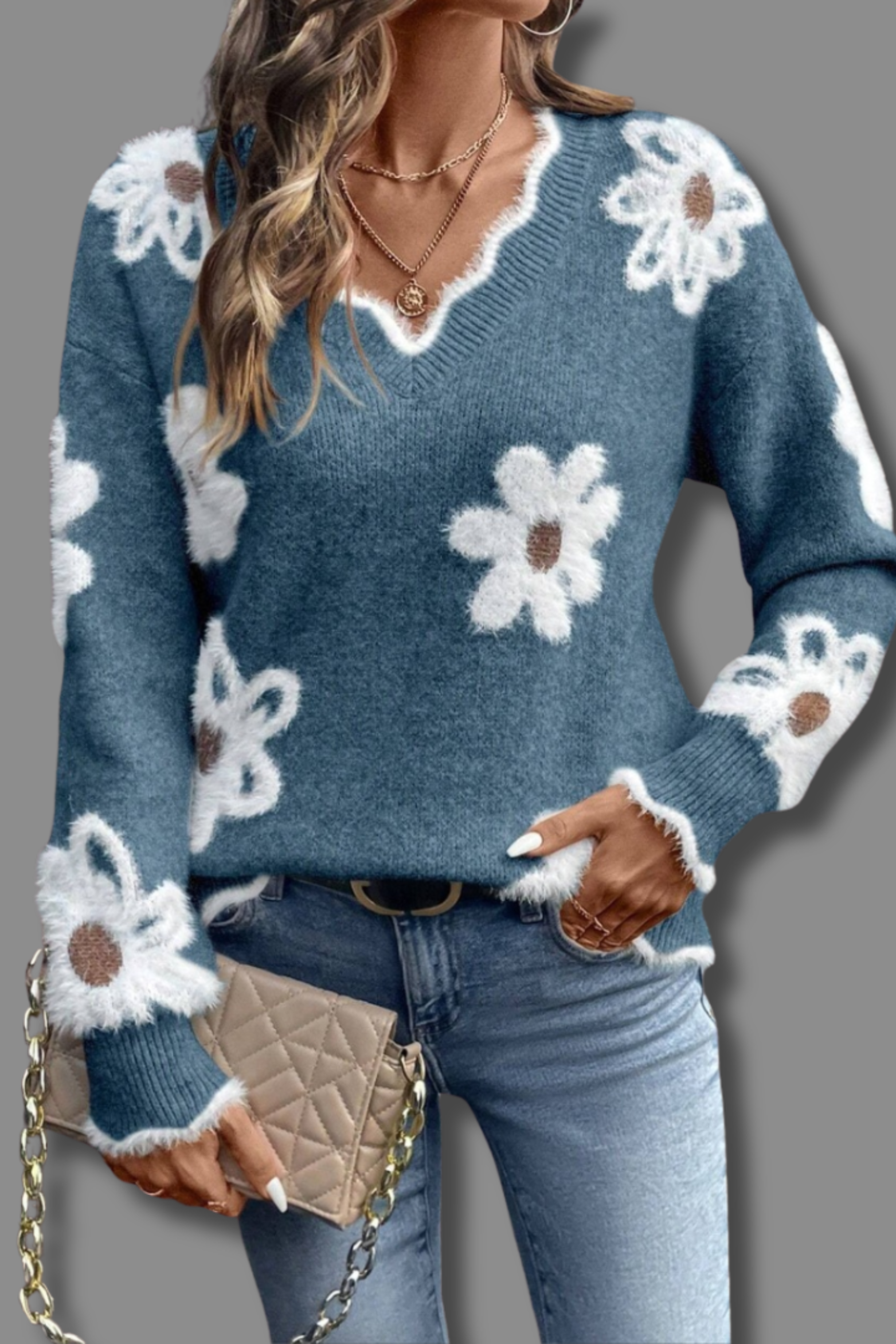 Women's Floral V Neck Knit Sweater