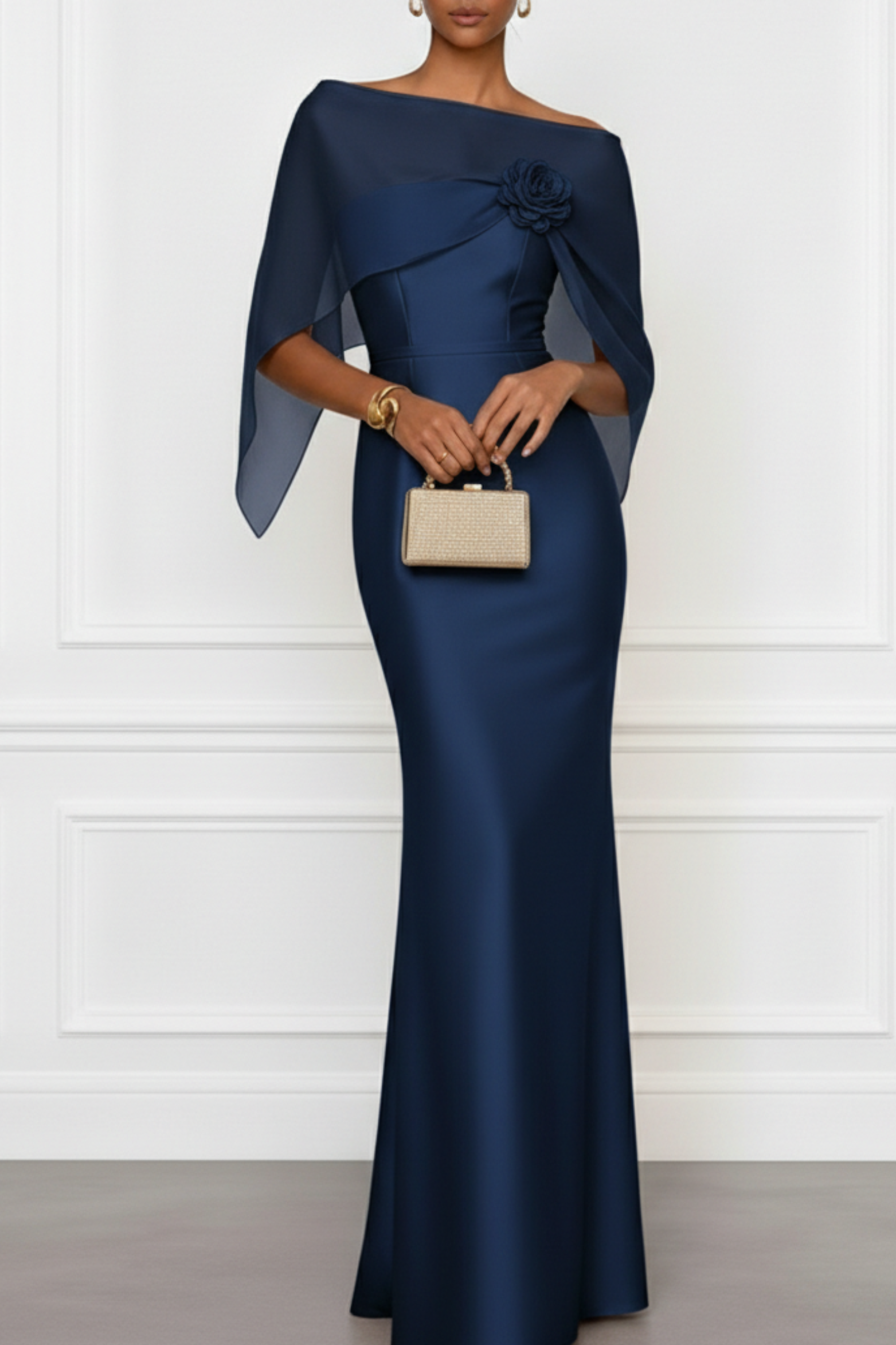 3D Floral Satin Boat Neck Cape Sleeve Sheath Gown