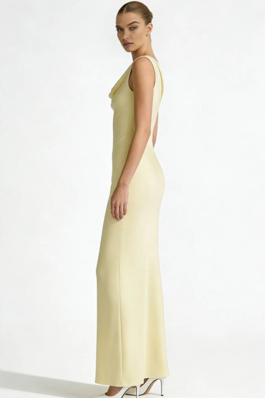 Cowl Neck Backless Satin Column Gown Dress