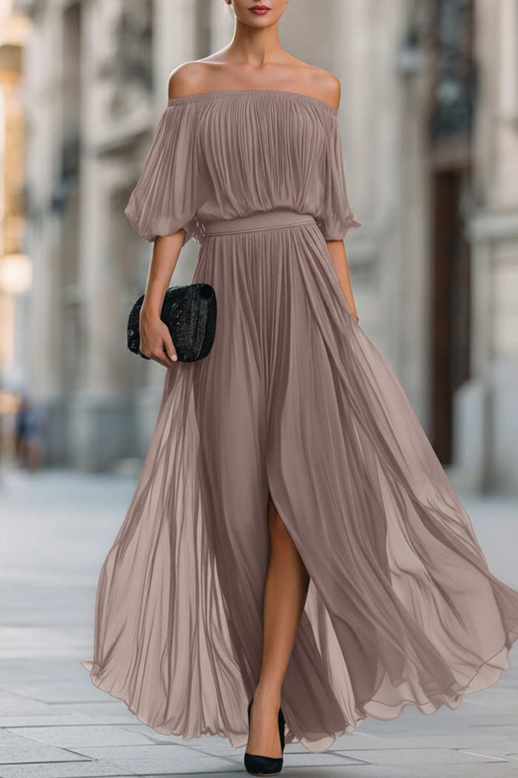 Pleated Chiffon Off Shoulder Maxi Dress
