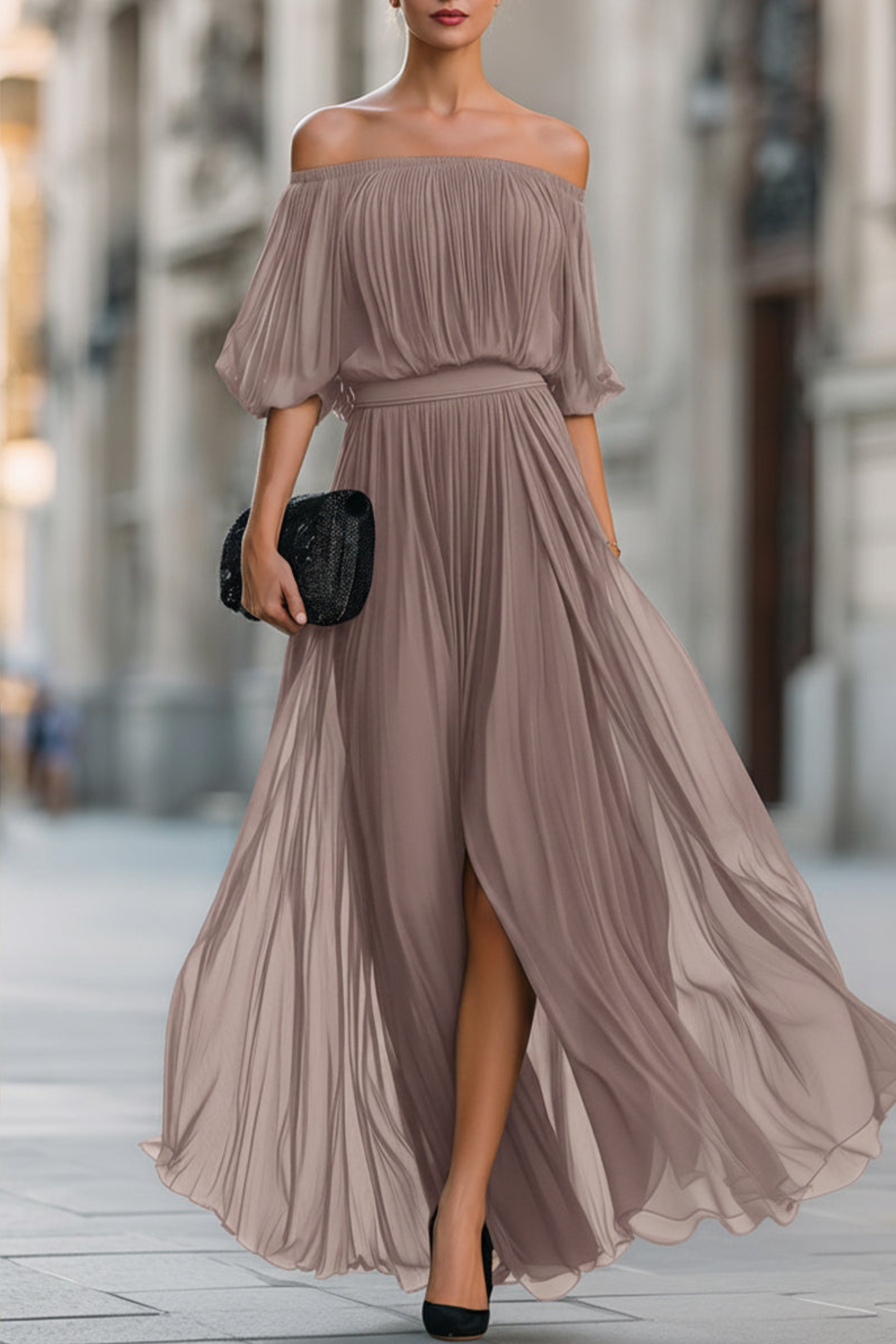 Pleated Chiffon Off Shoulder Maxi Dress