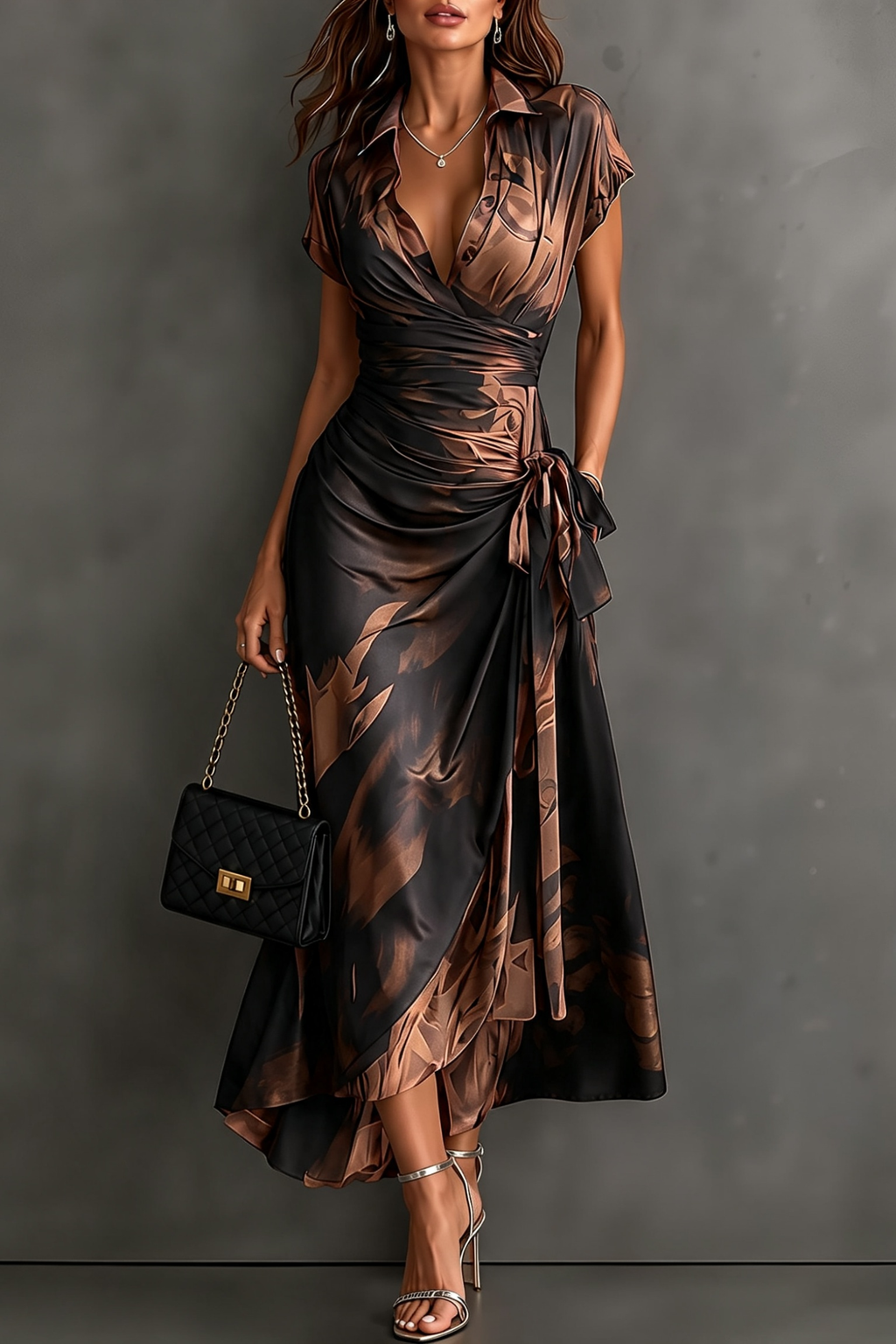 Abstract Print Wrap High Low Midi Dress