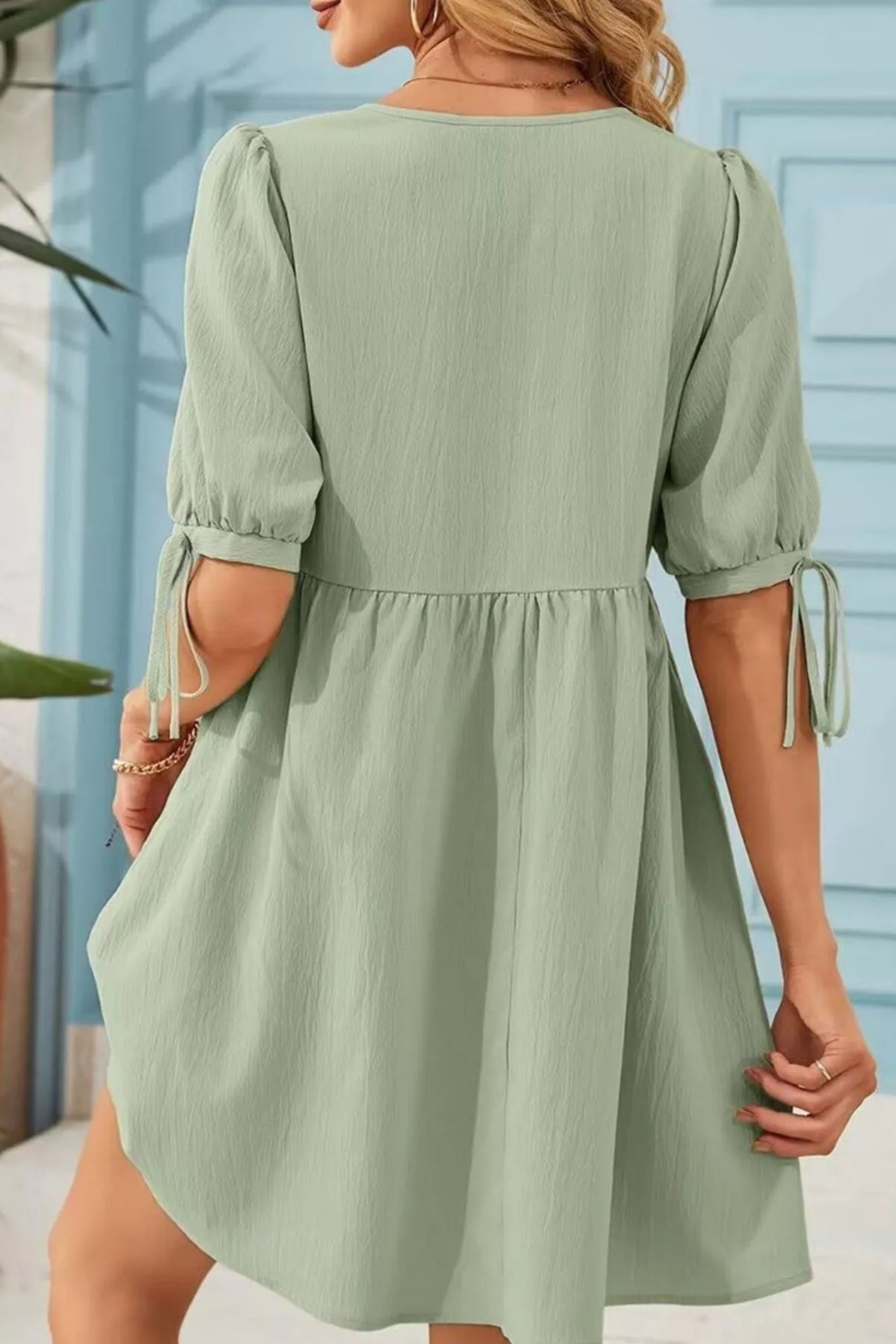 Romantic Tie Neck Puff Sleeve Mini Dress