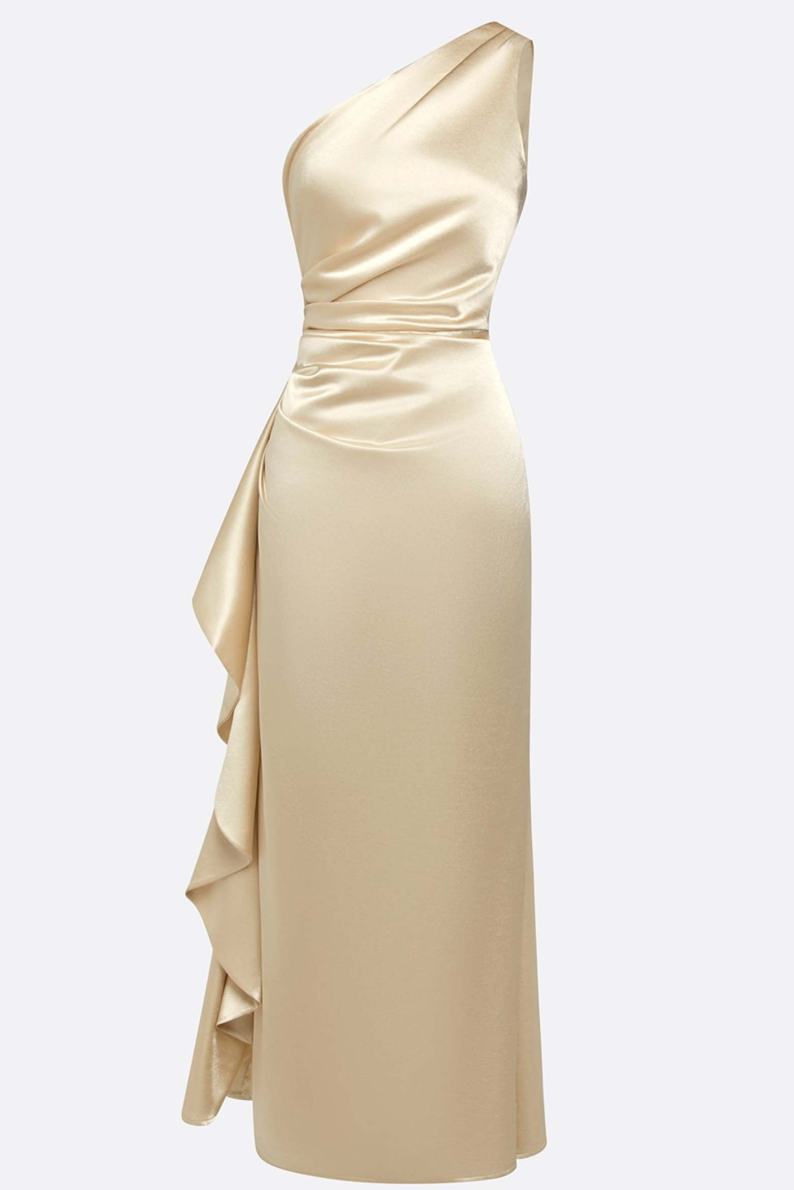 One Shoulder Ruched Satin Maxi Dress with Ruffle Detail