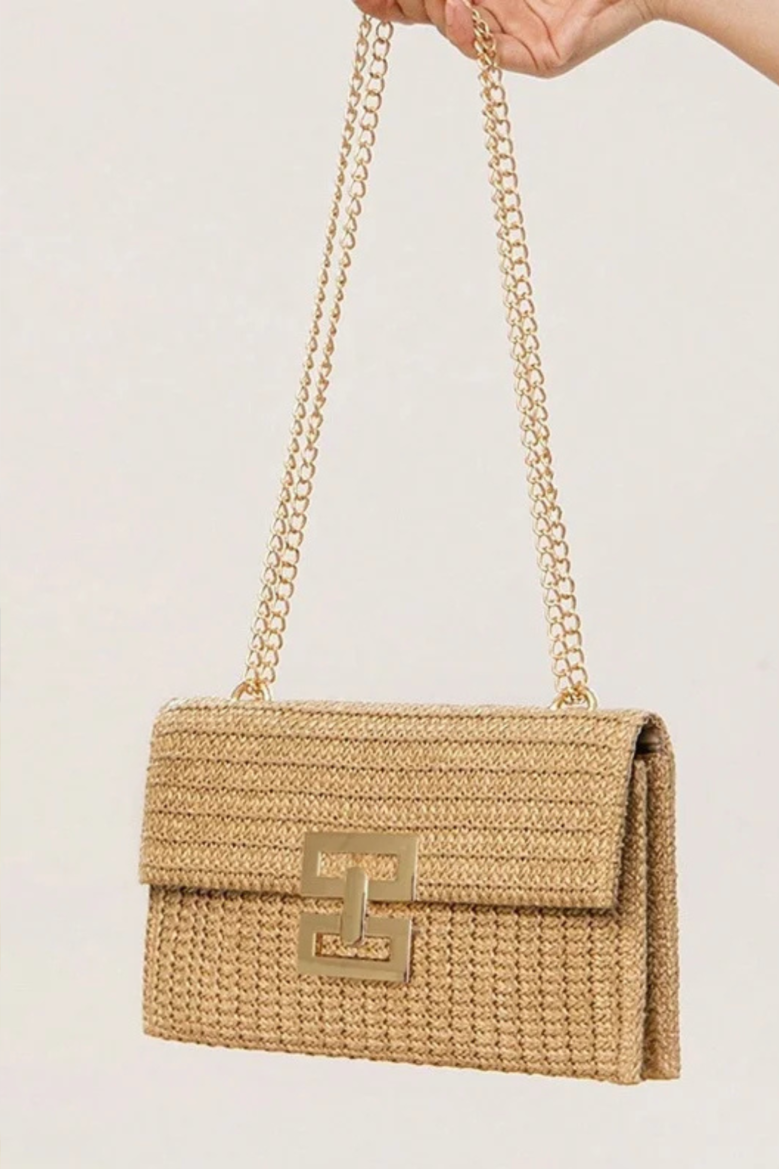 Woven Straw Chain Lock Shoulder Bag