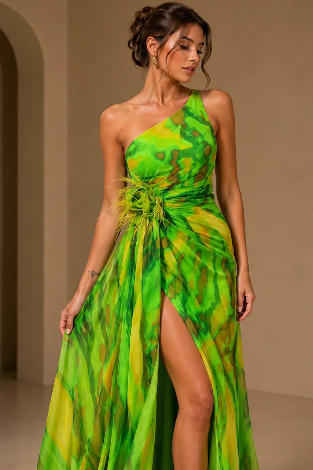 Abstract Print One Shoulder Maxi Dress