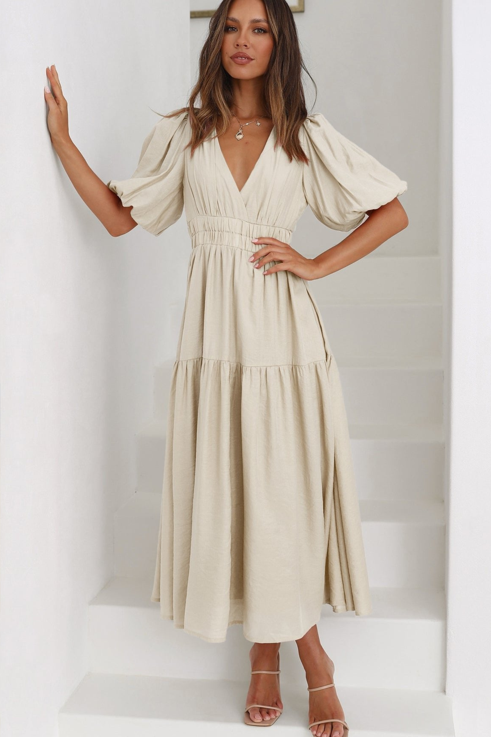 Puff Sleeve Smocked Waist V Neck Midi Dress