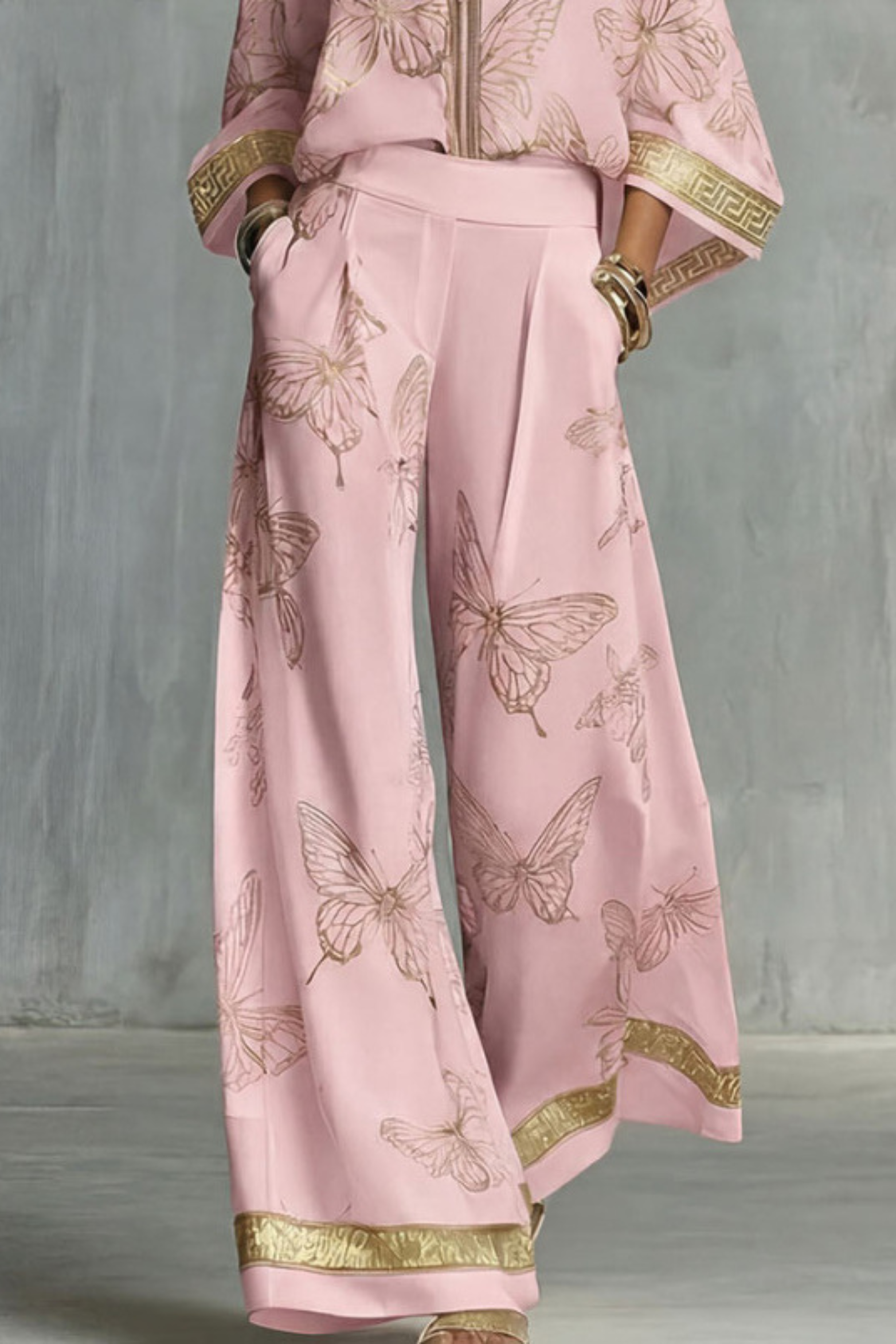 Butterfly Print Zip Front Two Piece Set