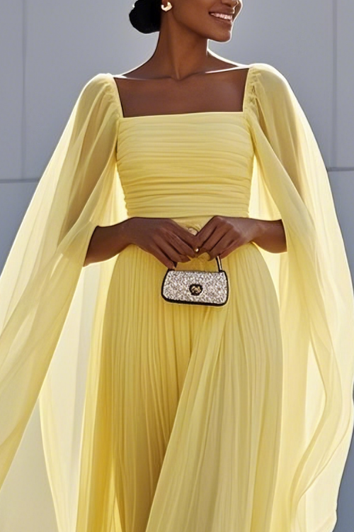 Pleated Chiffon A Line Maxi Dress with Square Neck