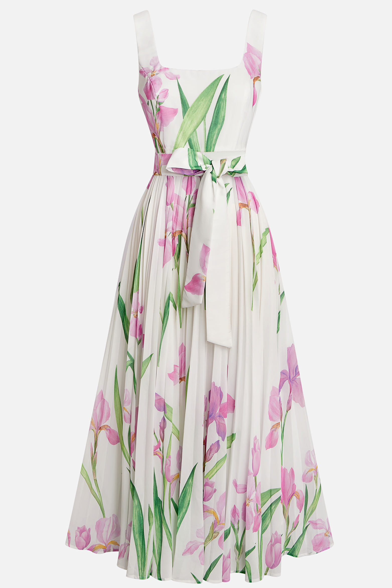 Floral Pleated Chiffon Square Neck Maxi Dress
