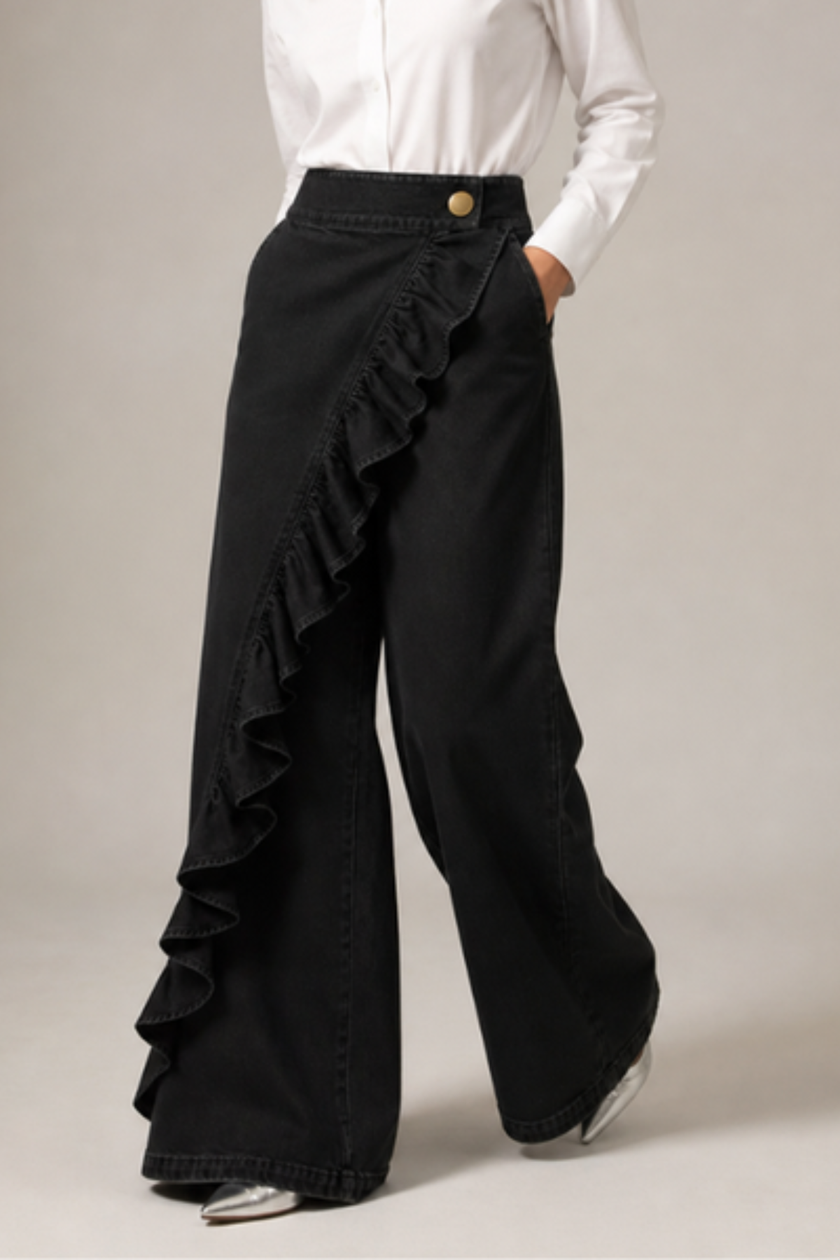Asymmetrical Ruffle Mid Rise Wide Leg Jeans