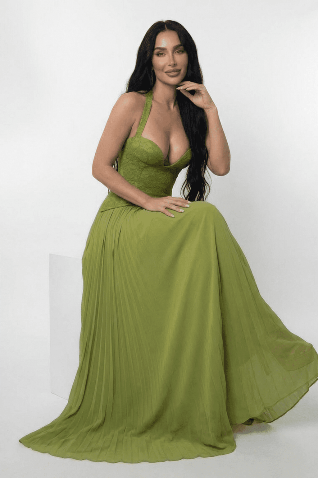 Lace Halter Pleated Maxi Dress