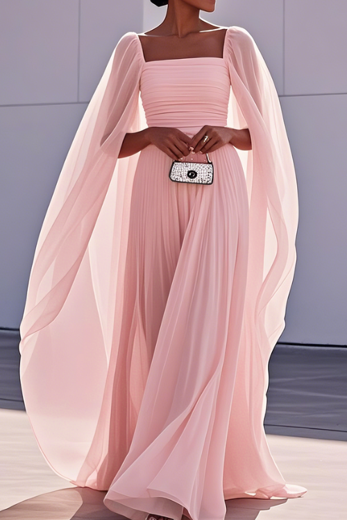 Pleated Chiffon A Line Maxi Dress with Square Neck