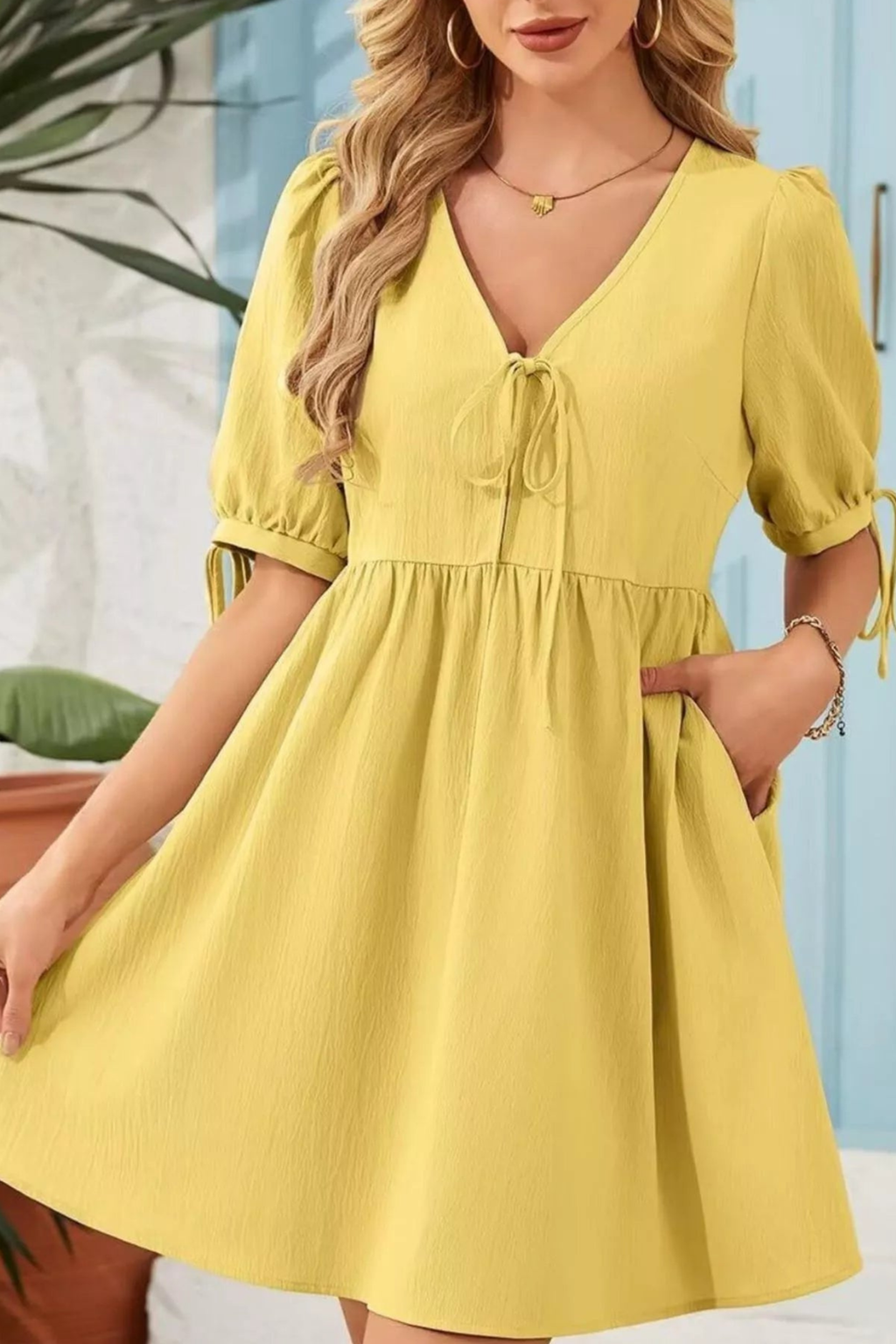 Romantic Tie Neck Puff Sleeve Mini Dress