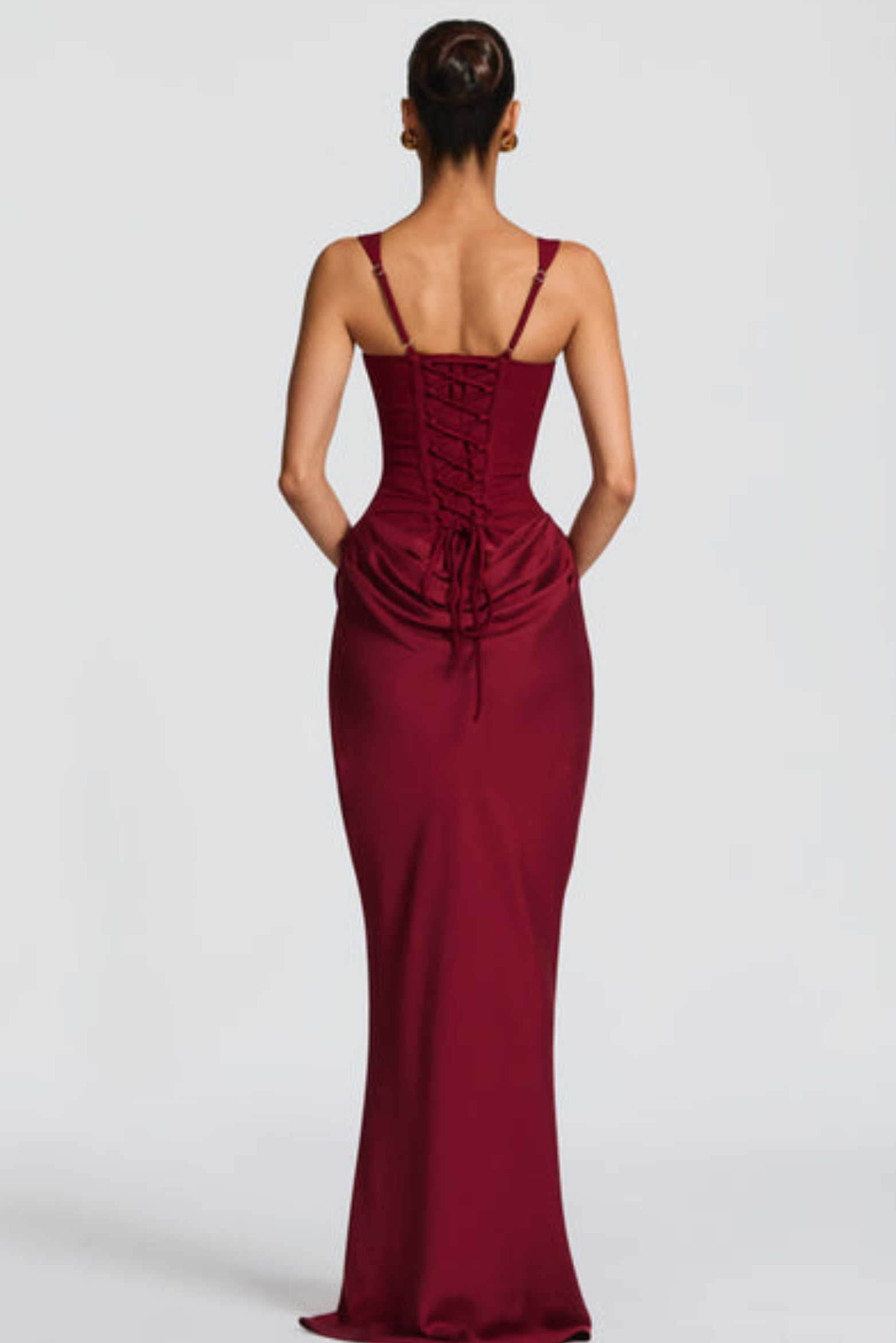 Square Neck Satin Maxi Dress with Open Lace Up Back
